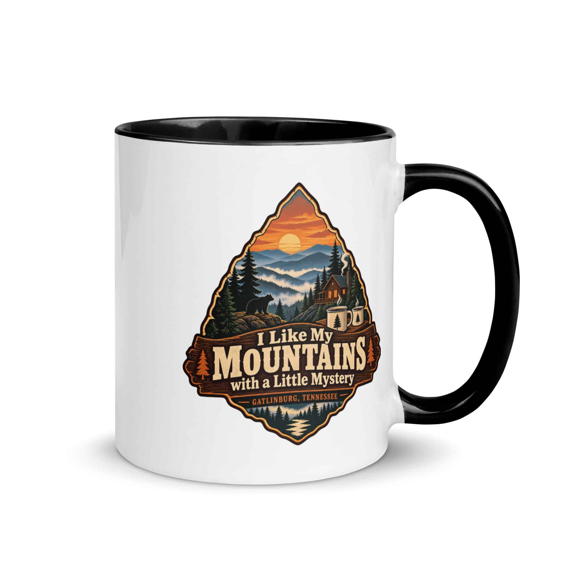 Gatlinburg and the Smokies Color Inside Coffee Mug: I Like My Mountains with a Little Mystery, Scenic Shield Badge