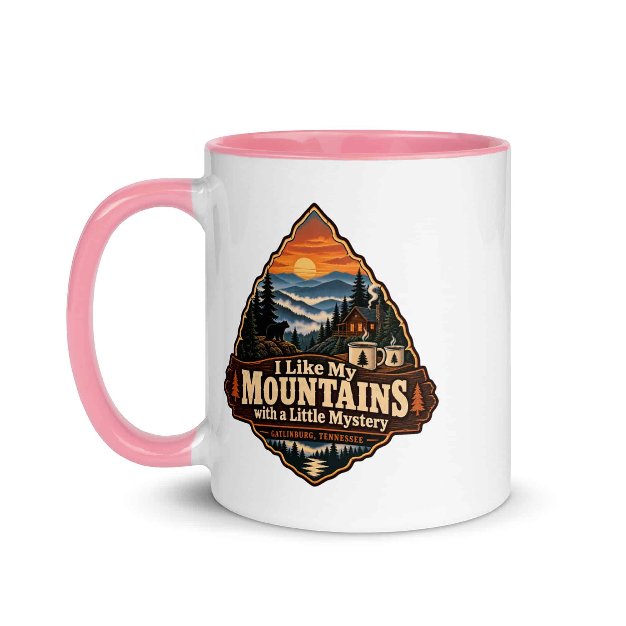 Gatlinburg and the Smokies Color Inside Coffee Mug: I Like My Mountains with a Little Mystery, Scenic Shield Badge