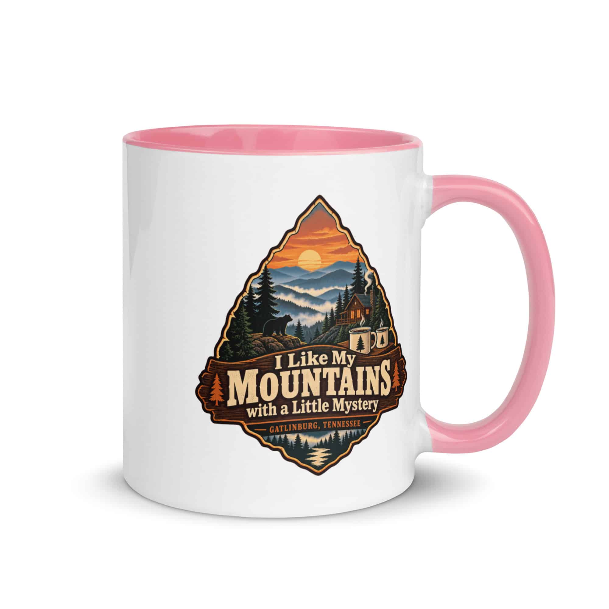 Gatlinburg and the Smokies Color Inside Coffee Mug: I Like My Mountains with a Little Mystery, Scenic Shield Badge