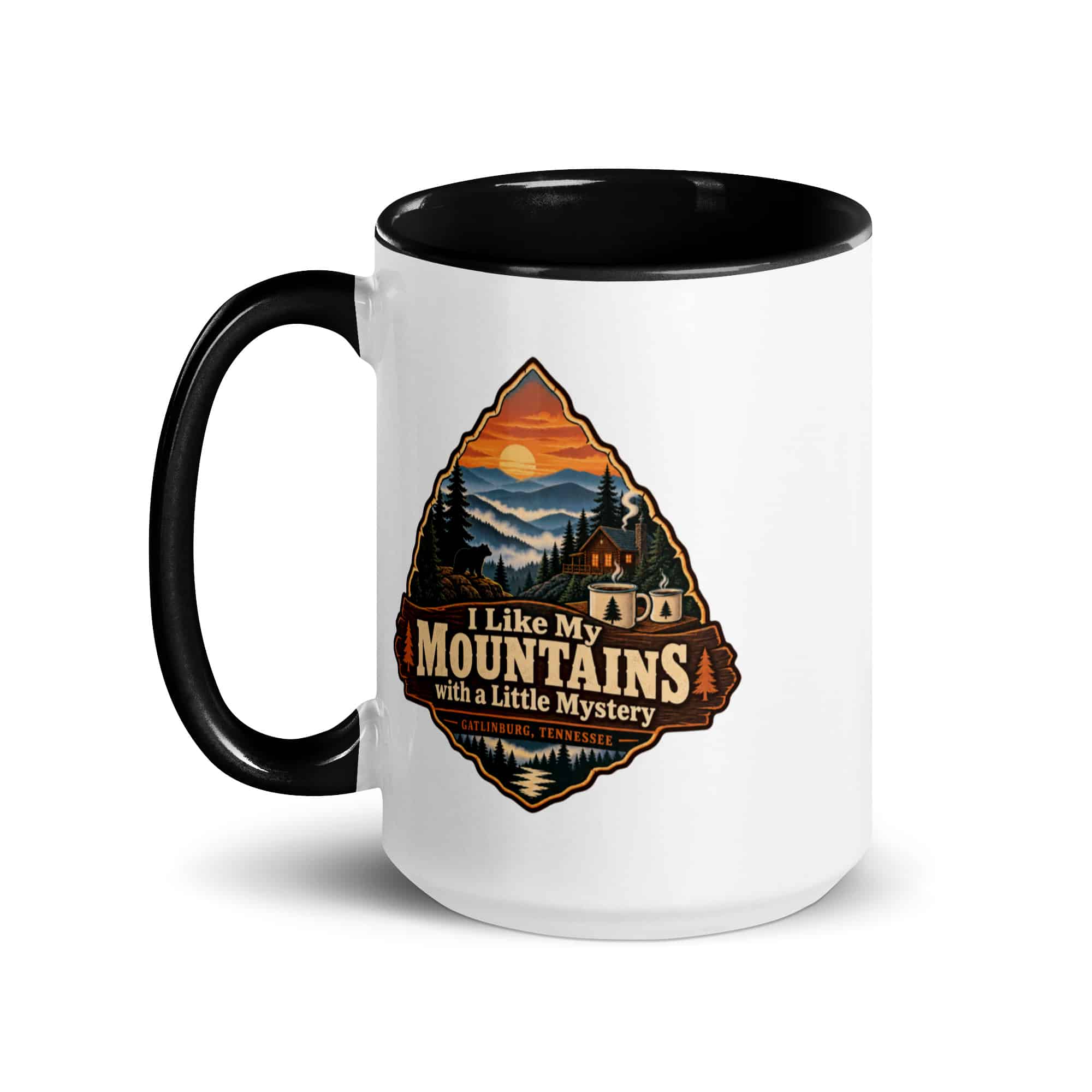 Gatlinburg and the Smokies Color Inside Coffee Mug: I Like My Mountains with a Little Mystery, Scenic Shield Badge