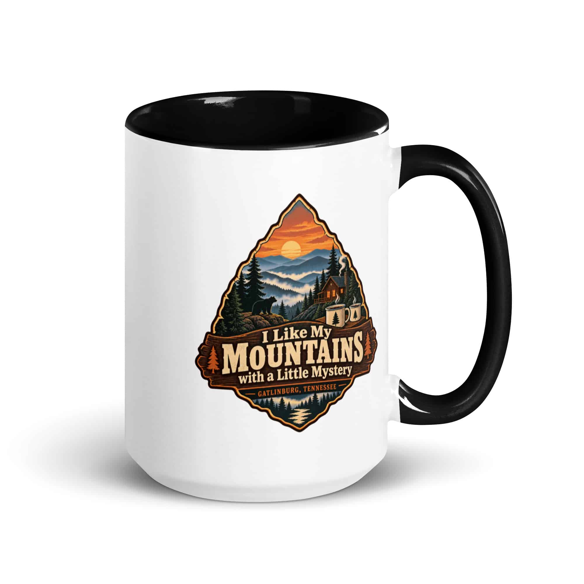 Gatlinburg and the Smokies Color Inside Coffee Mug: I Like My Mountains with a Little Mystery, Scenic Shield Badge