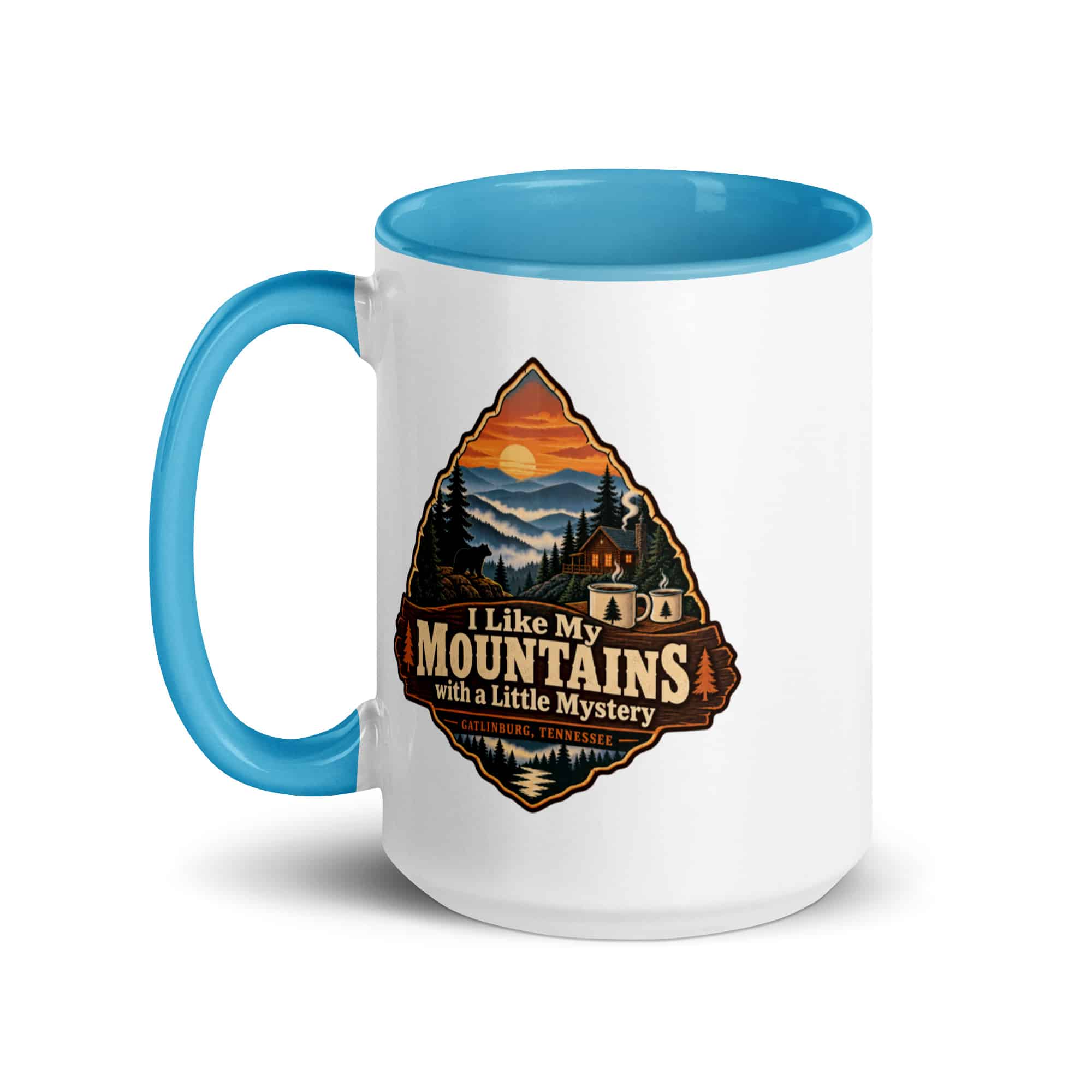 Gatlinburg and the Smokies Color Inside Coffee Mug: I Like My Mountains with a Little Mystery, Scenic Shield Badge