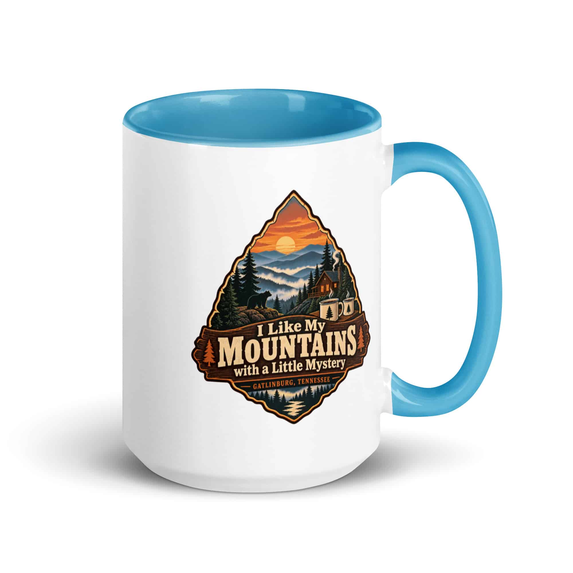 Gatlinburg and the Smokies Color Inside Coffee Mug: I Like My Mountains with a Little Mystery, Scenic Shield Badge