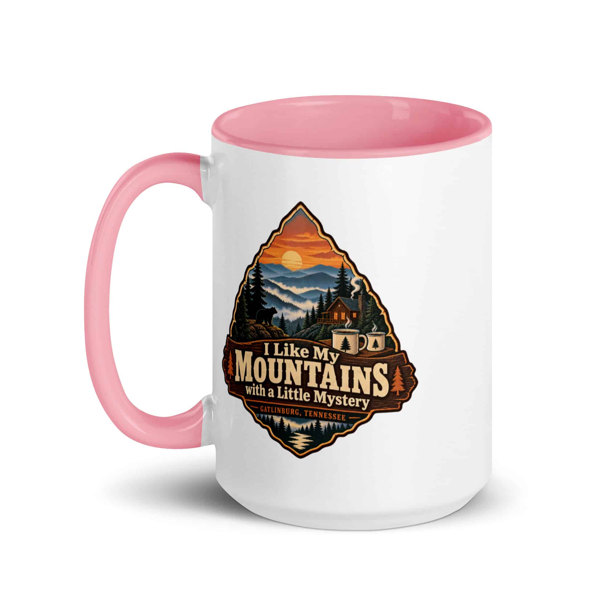 Gatlinburg and the Smokies Color Inside Coffee Mug: I Like My Mountains with a Little Mystery, Scenic Shield Badge