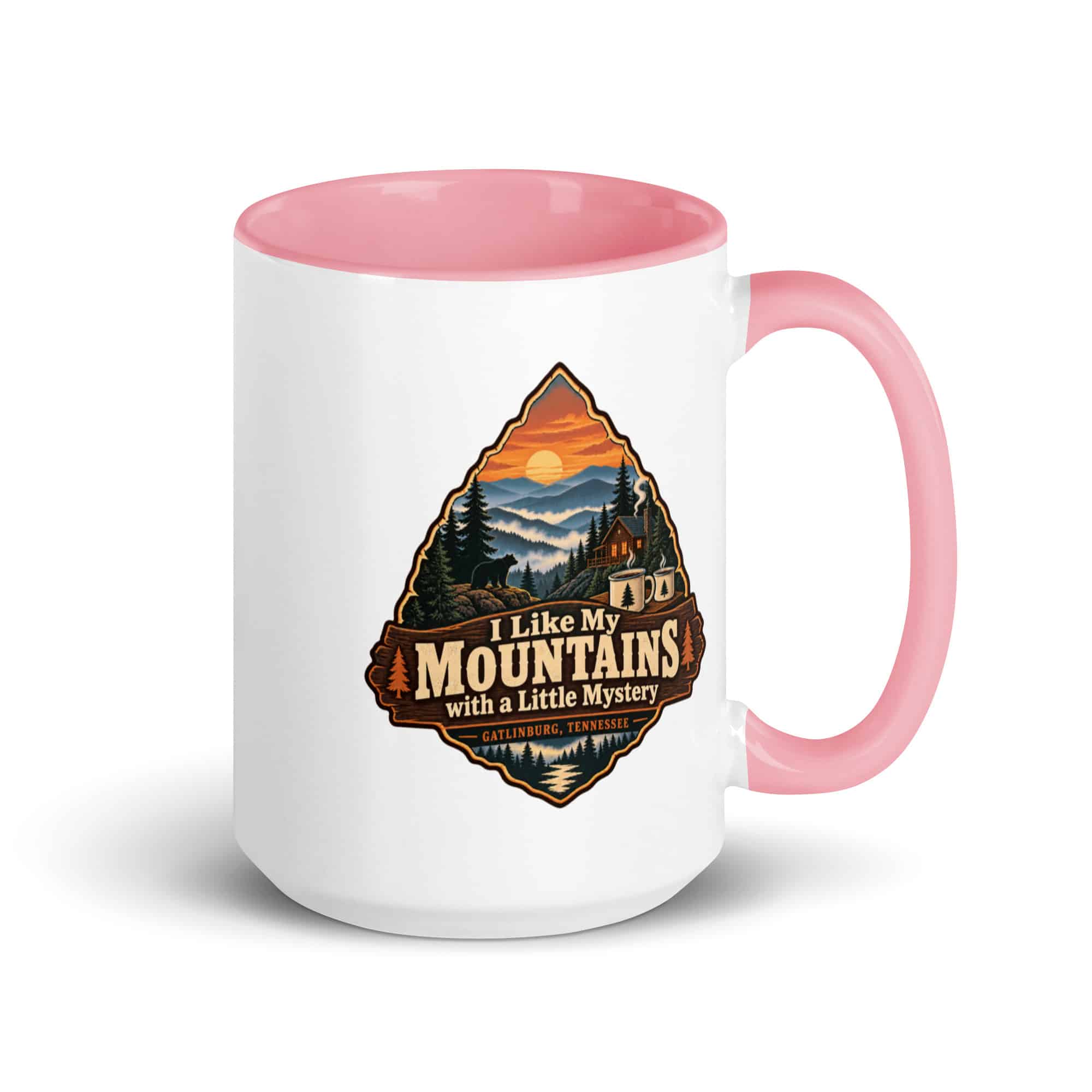 Gatlinburg and the Smokies Color Inside Coffee Mug: I Like My Mountains with a Little Mystery, Scenic Shield Badge