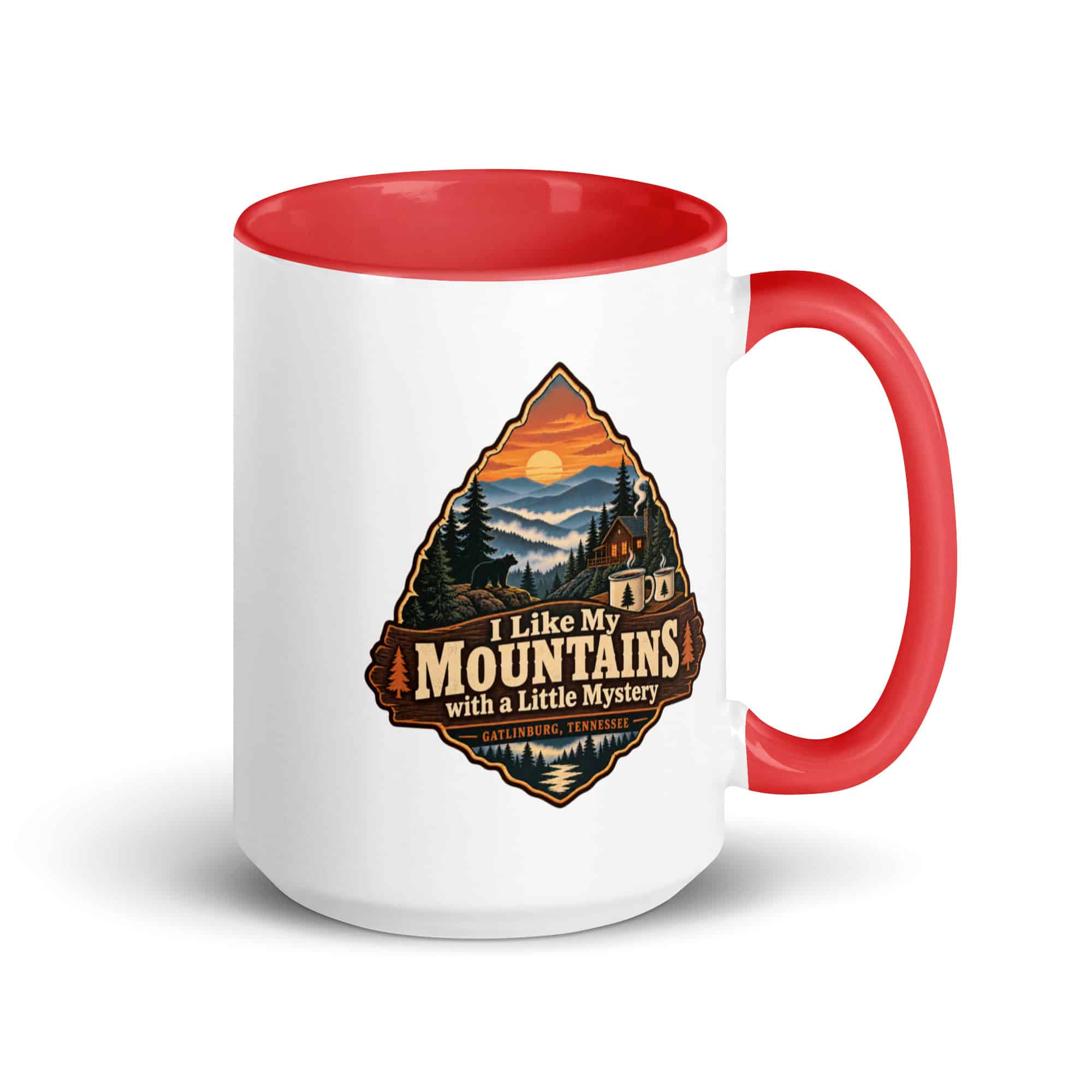 Gatlinburg and the Smokies Color Inside Coffee Mug: I Like My Mountains with a Little Mystery, Scenic Shield Badge