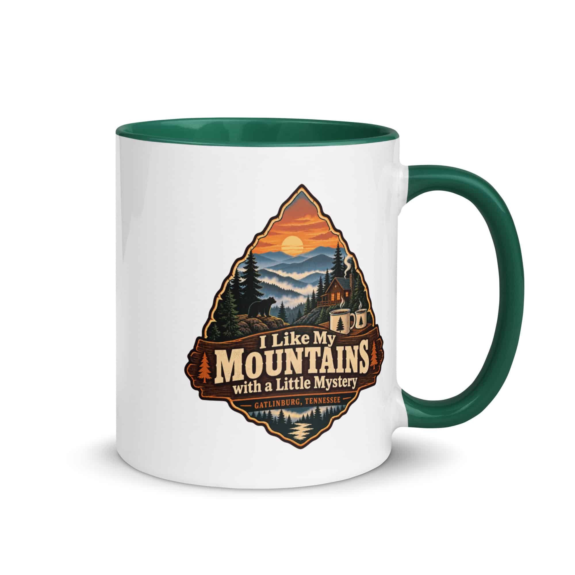 Gatlinburg and the Smokies Color Inside Coffee Mug: I Like My Mountains with a Little Mystery, Scenic Shield Badge