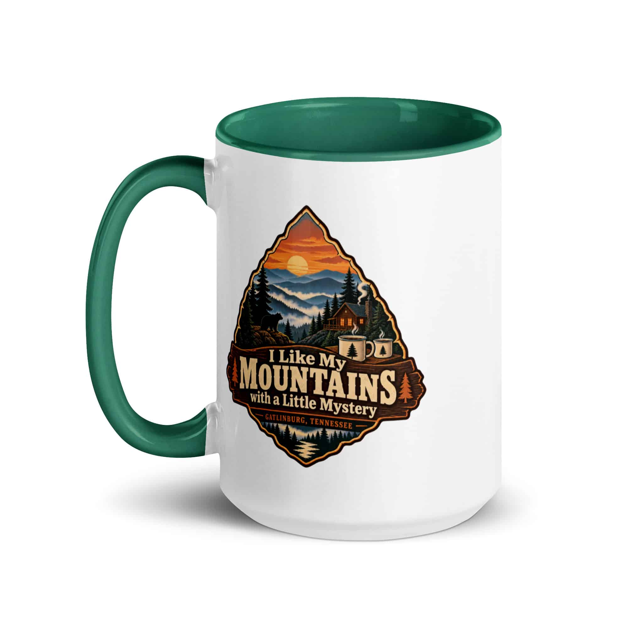 Gatlinburg and the Smokies Color Inside Coffee Mug: I Like My Mountains with a Little Mystery, Scenic Shield Badge