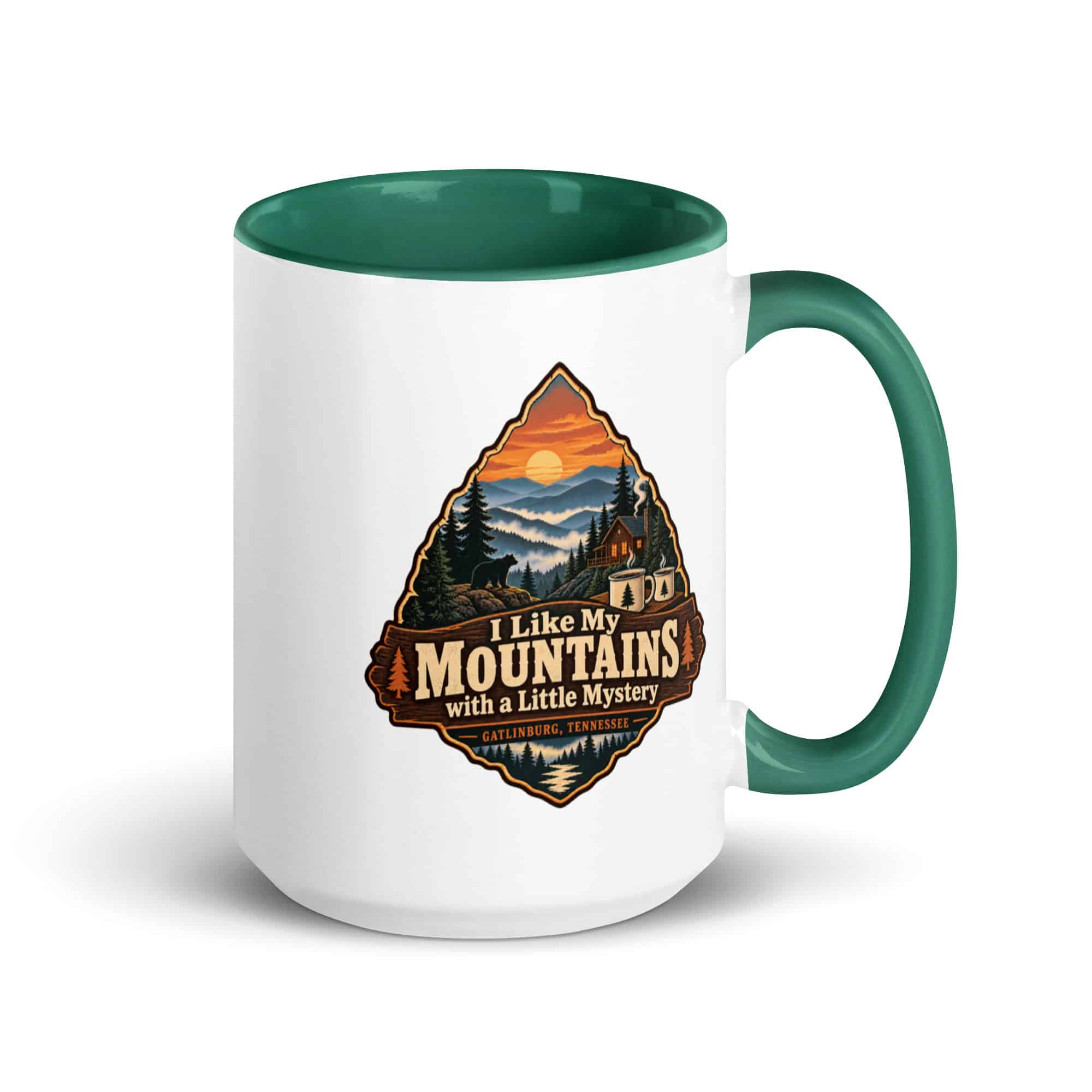 Gatlinburg and the Smokies Color Inside Coffee Mug: I Like My Mountains with a Little Mystery, Scenic Shield Badge