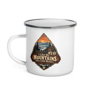 Gatlinburg and the Smokies Enamel Camp Mug: I Like My Mountains with a Little Mystery, Scenic Shield Badge - 12 oz - Left