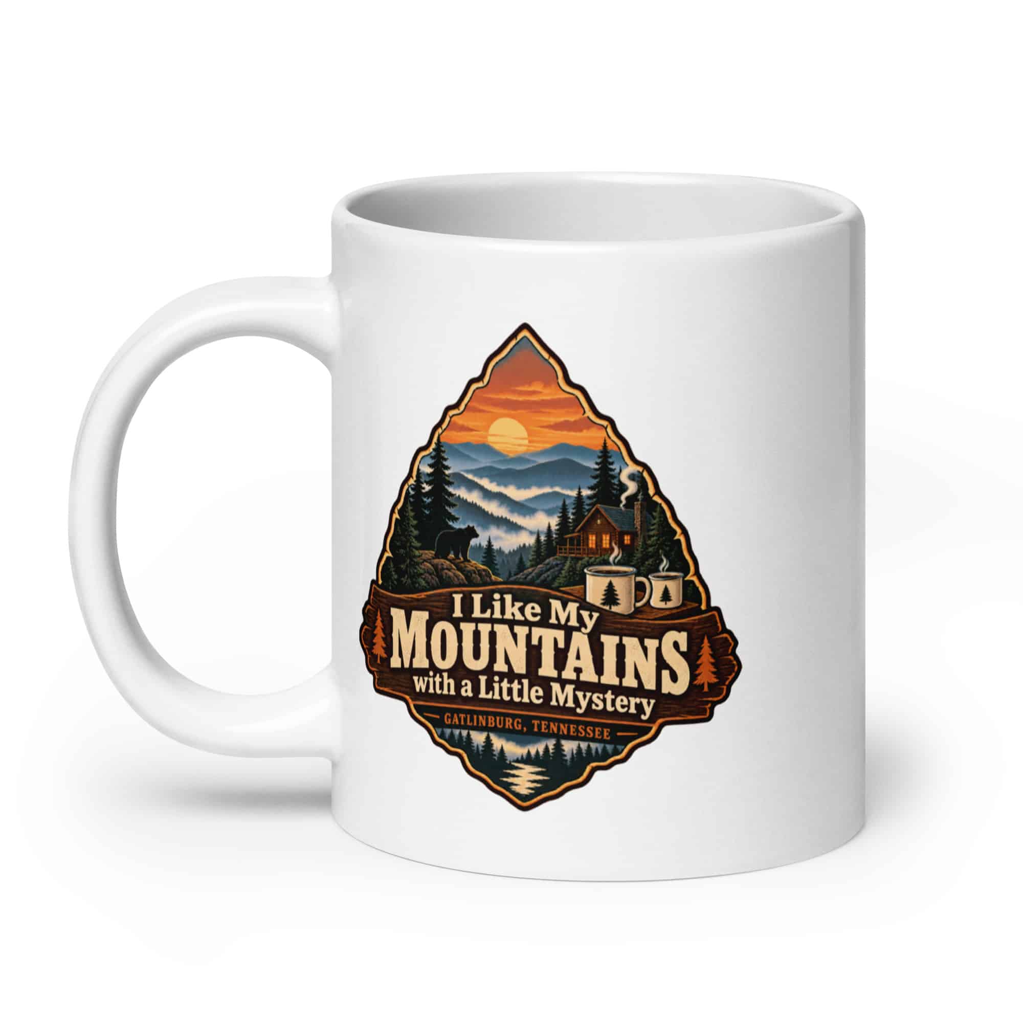 Gatlinburg and the Smokies White Ceramic Coffee Mug: I Like My Mountains with a Little Mystery, Scenic Shield Badge