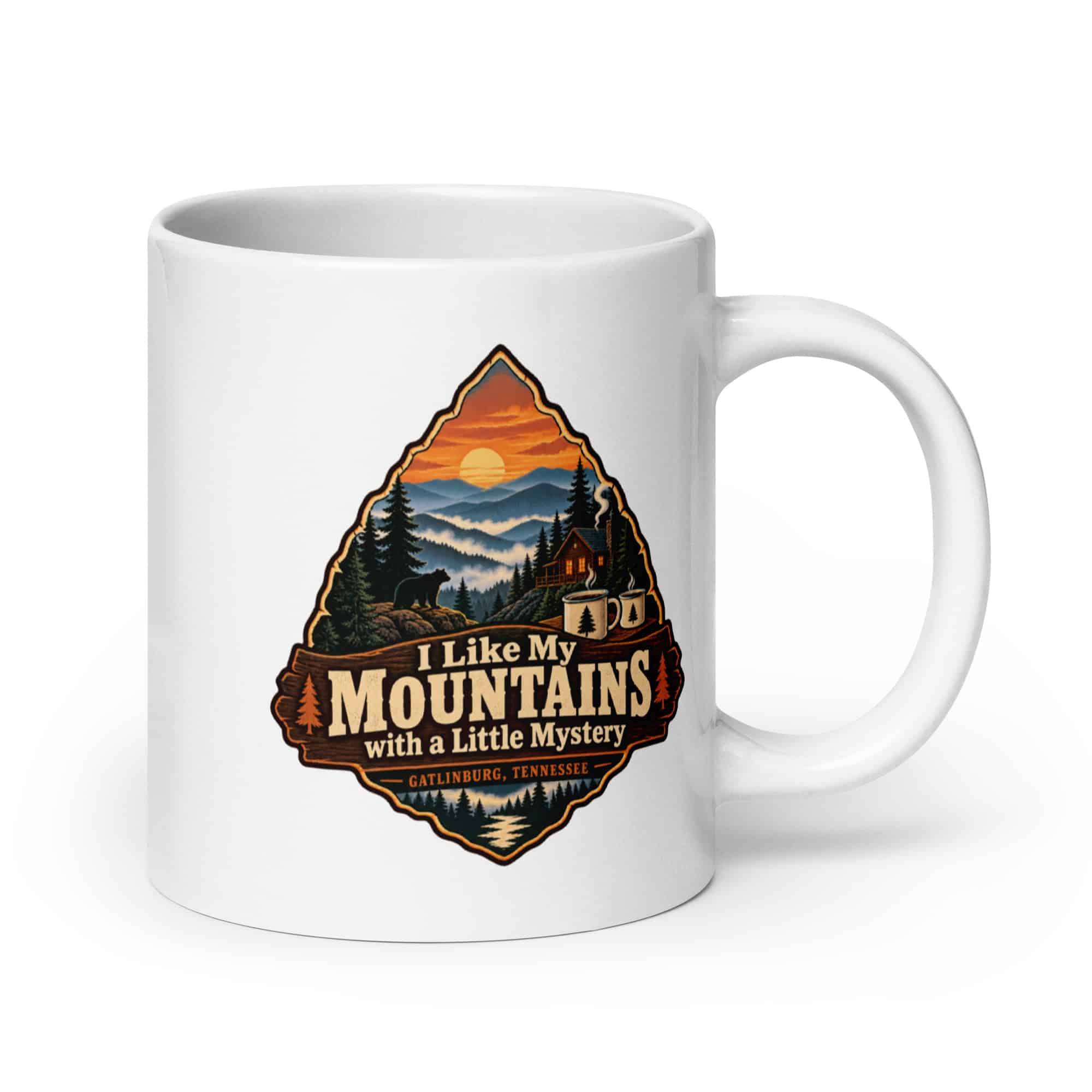 Gatlinburg and the Smokies White Ceramic Coffee Mug: I Like My Mountains with a Little Mystery, Scenic Shield Badge