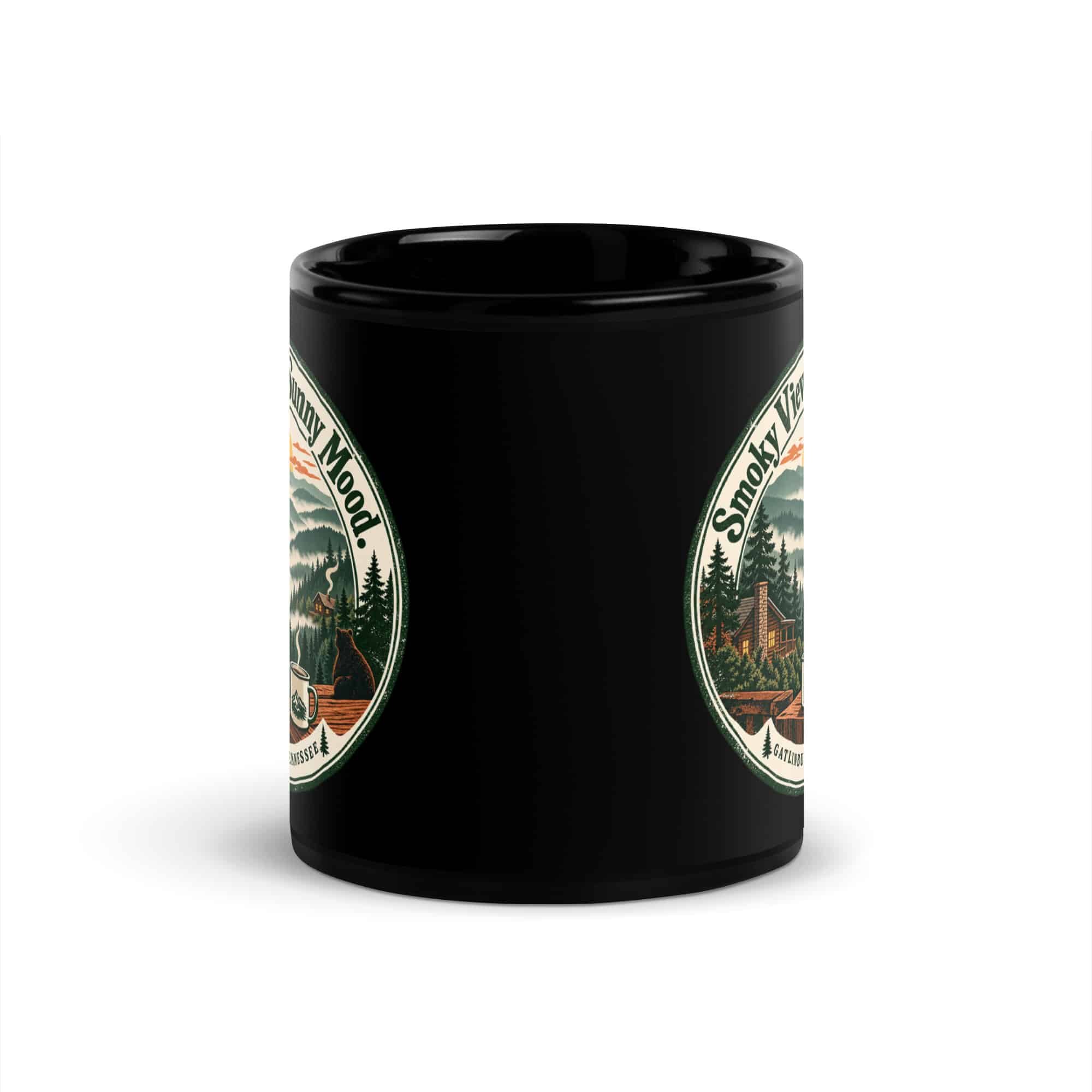Gatlinburg and the Smokies Black Coffee Mug: Smoky Views. Sunny Mood, Vintage Round Badge