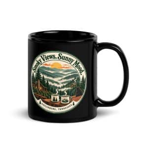 Gatlinburg and the Smokies Black Coffee Mug: Smoky Views. Sunny Mood, Vintage Round Badge - 11 oz - Handle on Right