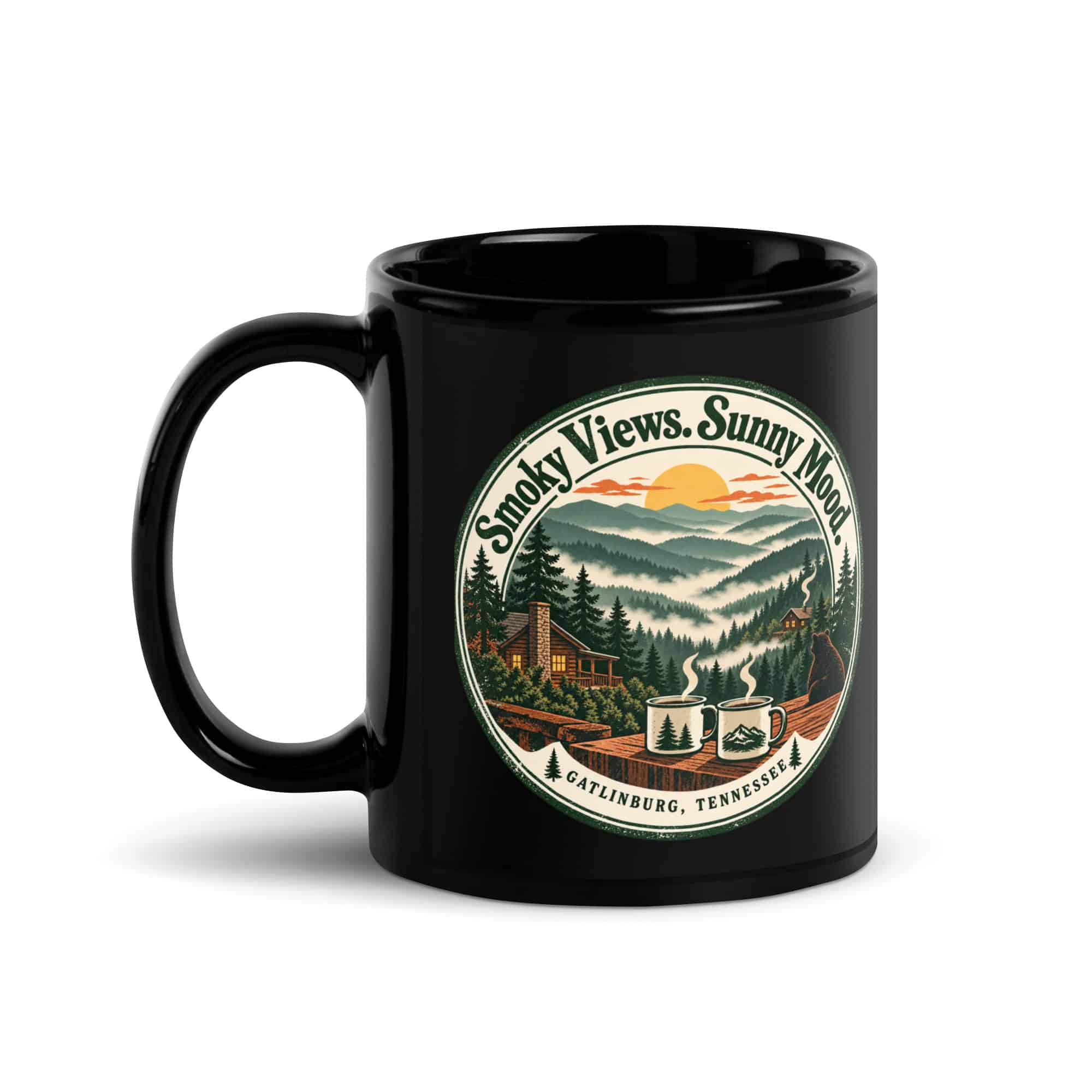 Gatlinburg and the Smokies Black Coffee Mug: Smoky Views. Sunny Mood, Vintage Round Badge