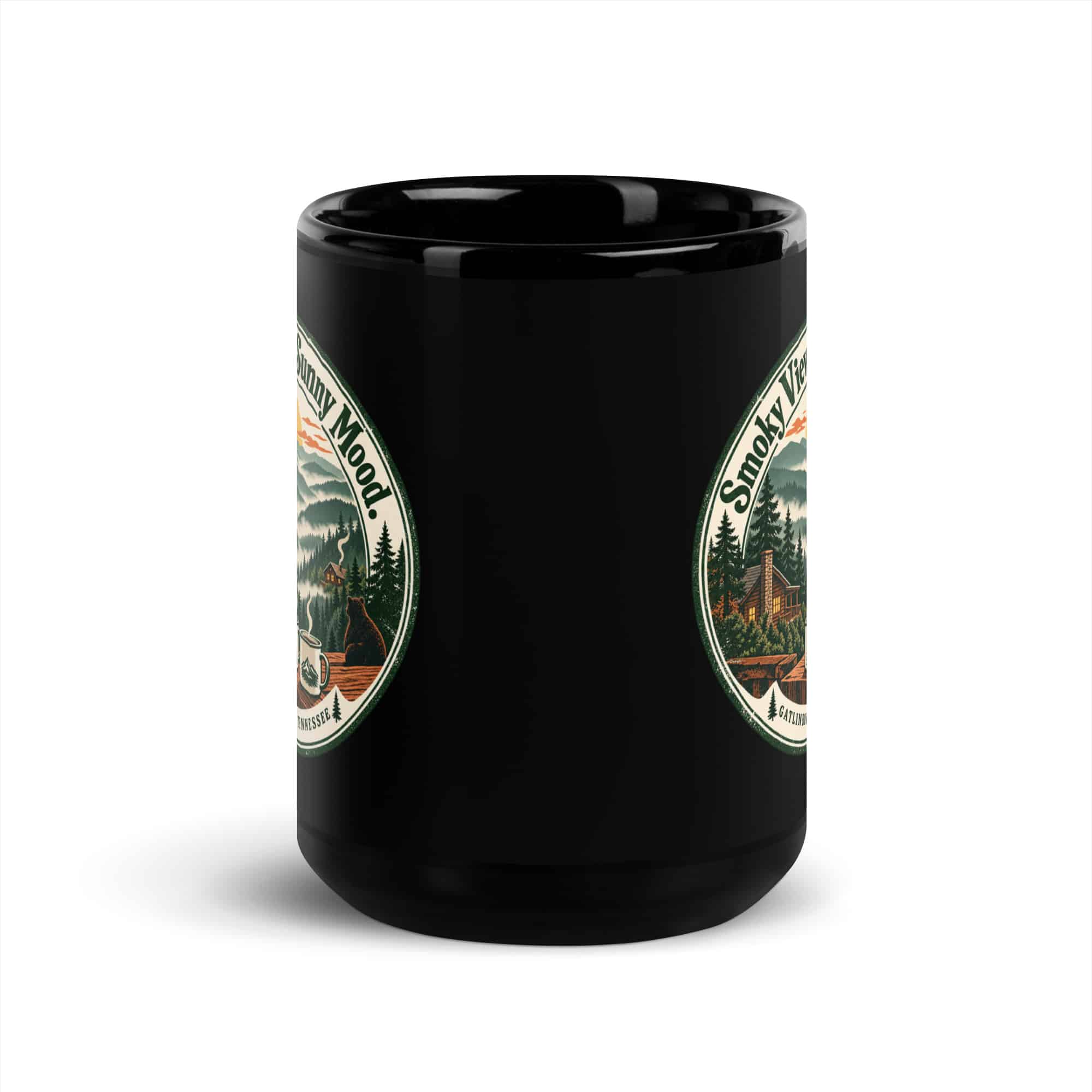 Gatlinburg and the Smokies Black Coffee Mug: Smoky Views. Sunny Mood, Vintage Round Badge