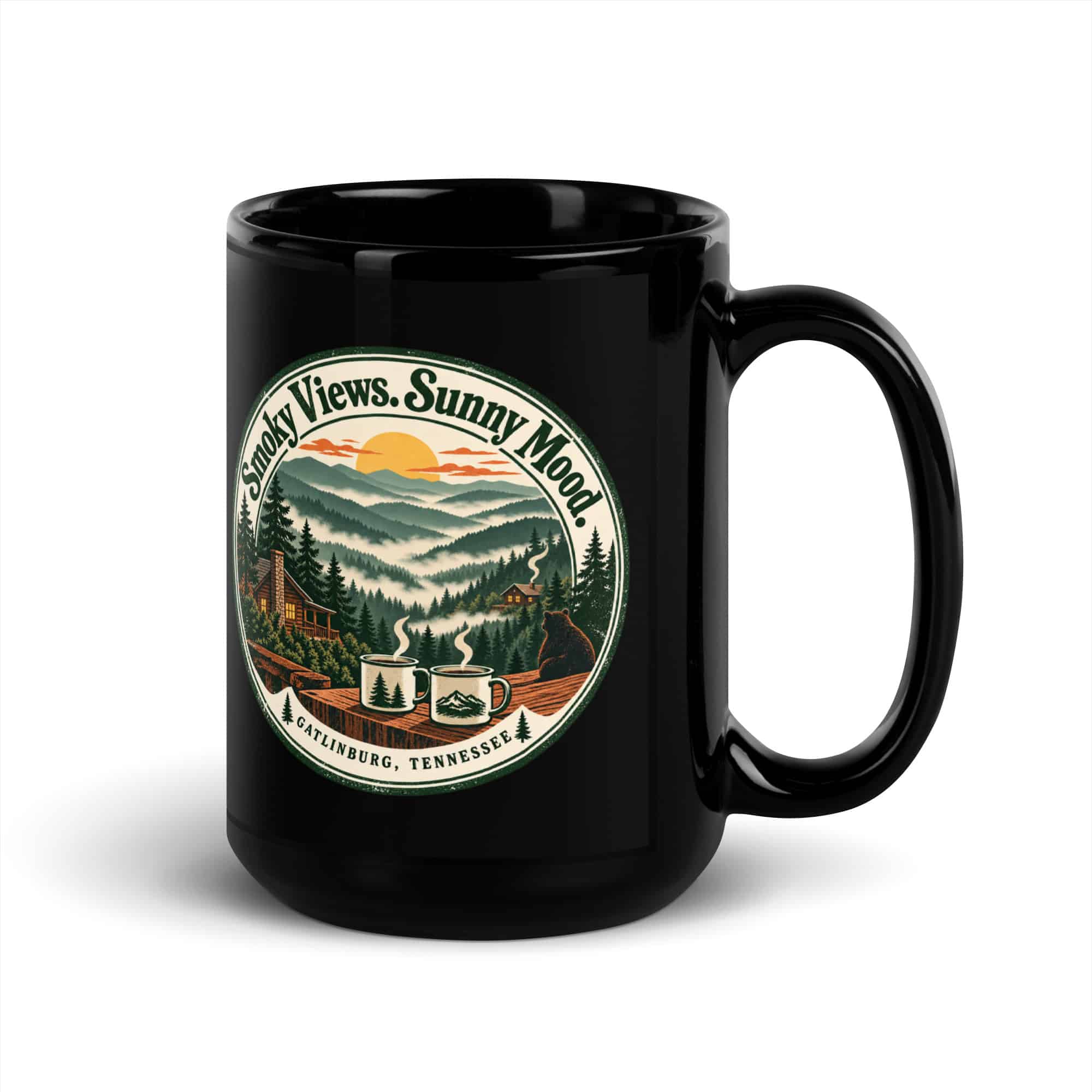 Gatlinburg and the Smokies Black Coffee Mug: Smoky Views. Sunny Mood, Vintage Round Badge