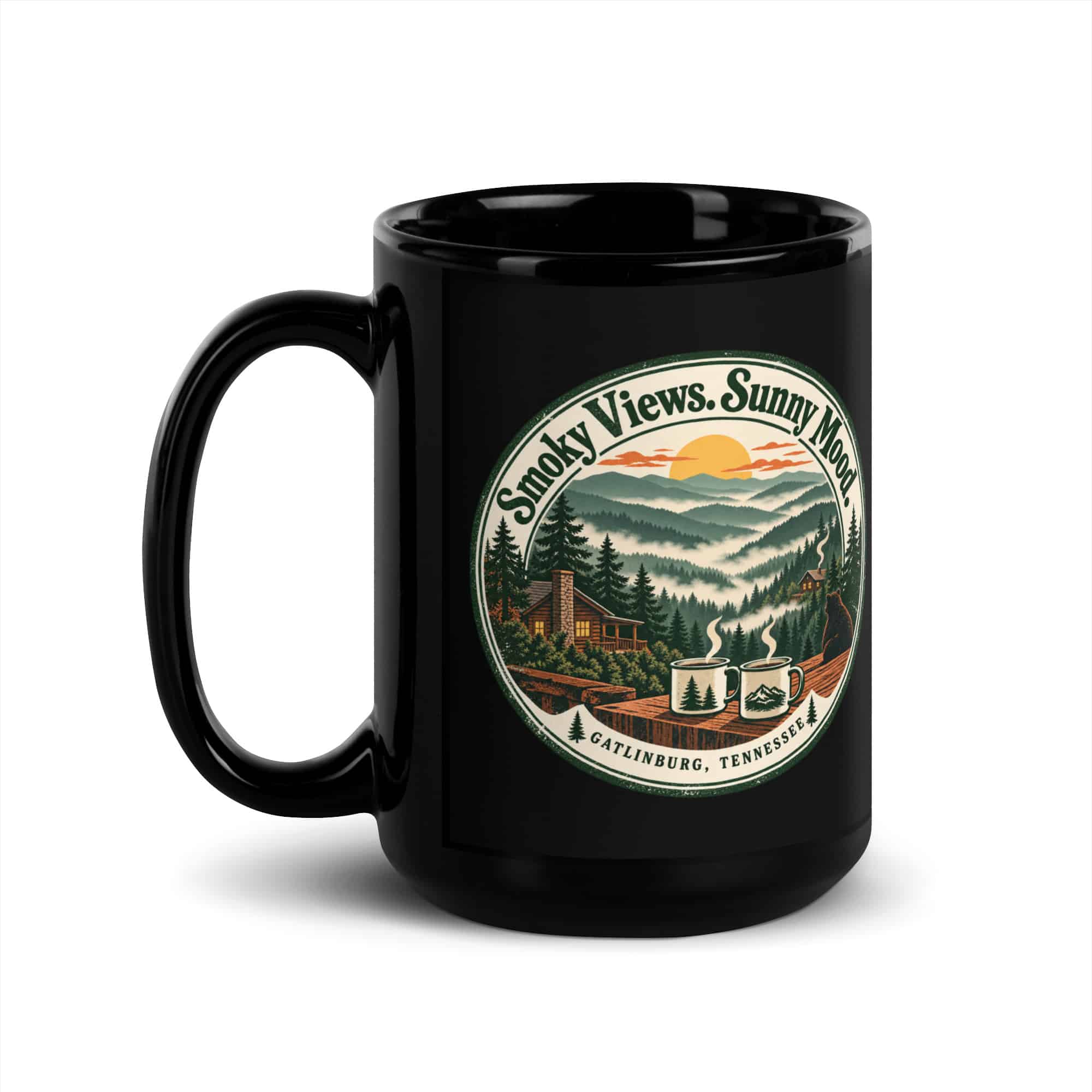 Gatlinburg and the Smokies Black Coffee Mug: Smoky Views. Sunny Mood, Vintage Round Badge