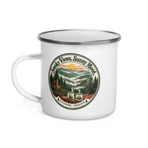 Gatlinburg and the Smokies Enamel Camp Mug: Smoky Views. Sunny Mood, Vintage Round Badge - 12 oz - Left