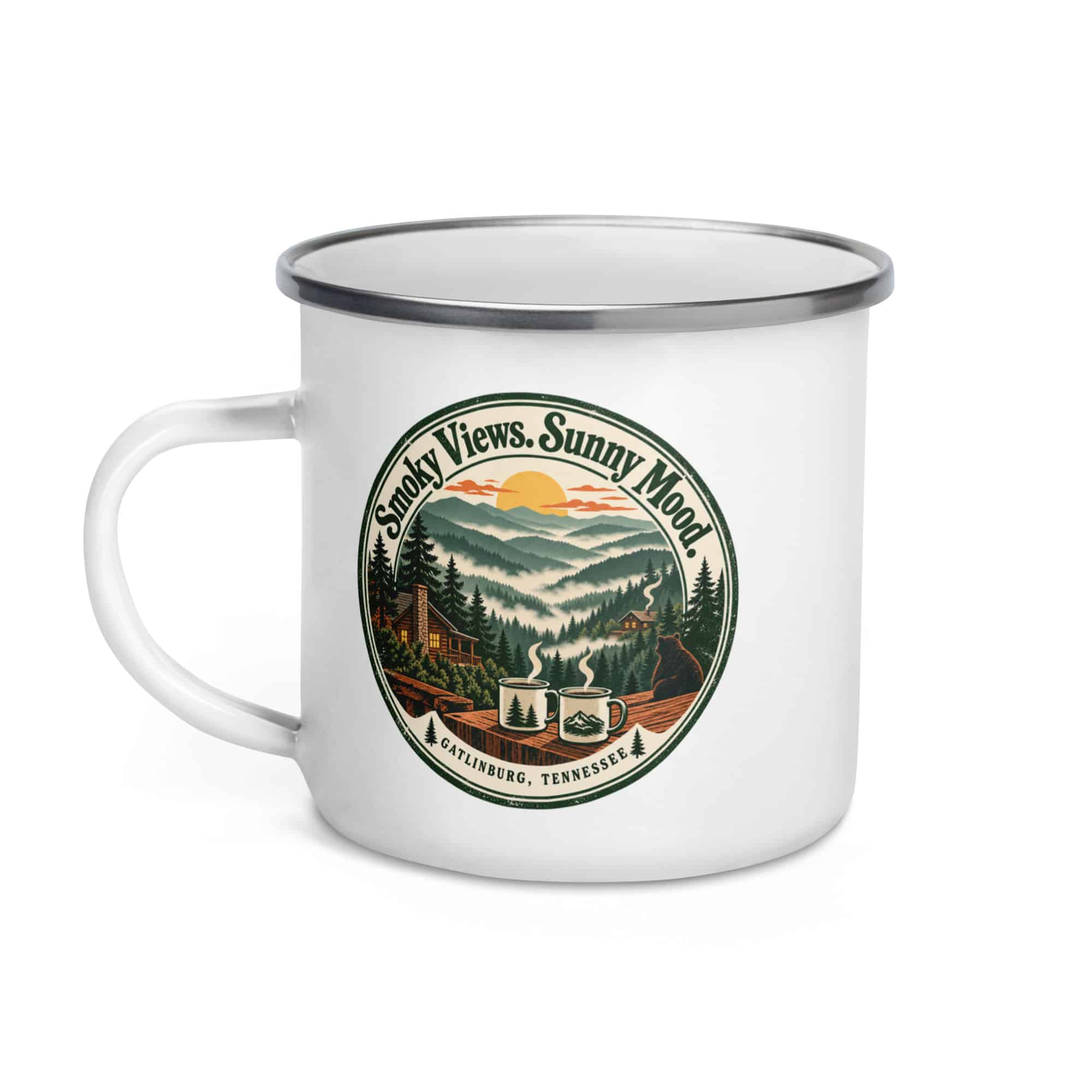 Gatlinburg and the Smokies Enamel Camp Mug: Smoky Views. Sunny Mood, Vintage Round Badge
