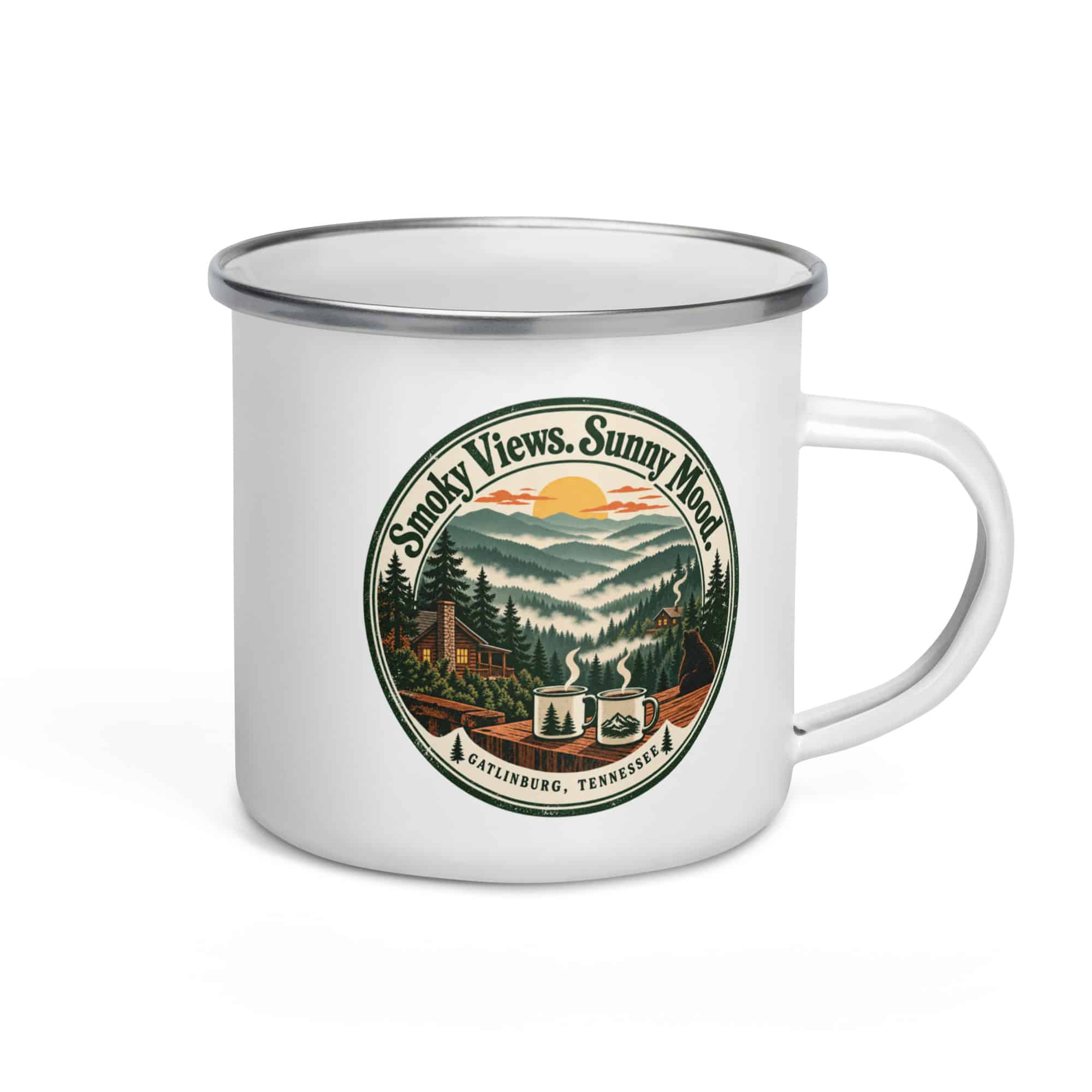 Gatlinburg and the Smokies Enamel Camp Mug: Smoky Views. Sunny Mood, Vintage Round Badge