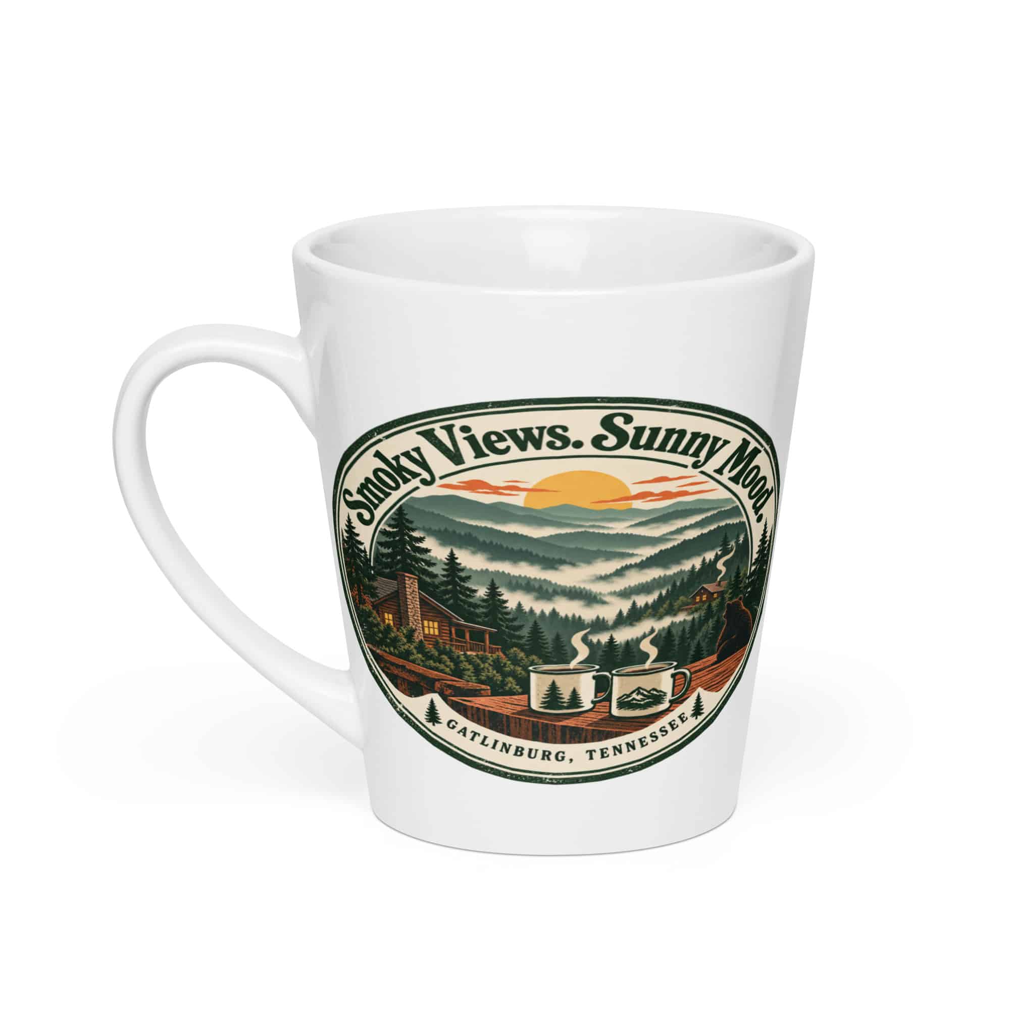 Gatlinburg and the Smokies Latte Mug: Smoky Views. Sunny Mood, Vintage Round Badge