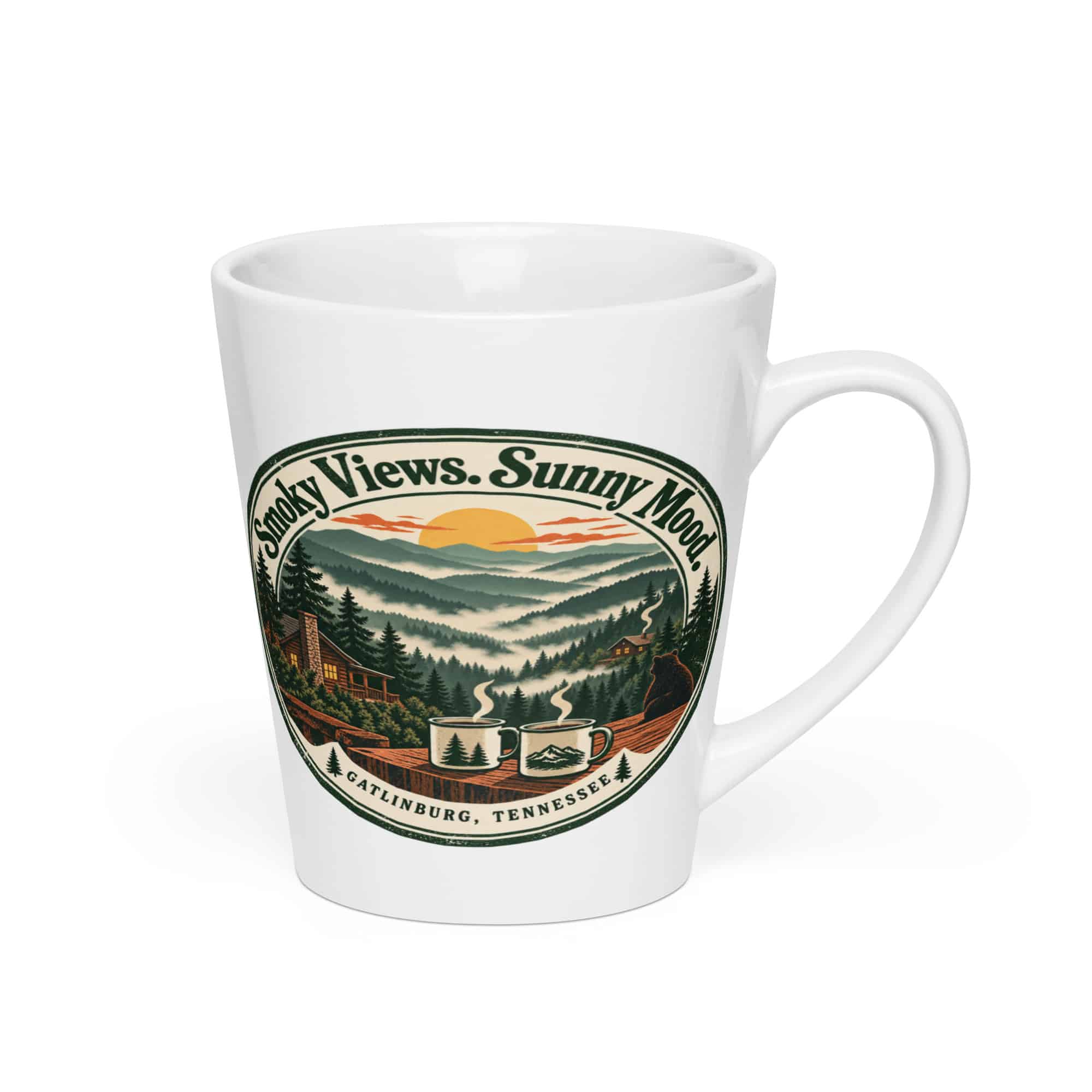 Gatlinburg and the Smokies Latte Mug: Smoky Views. Sunny Mood, Vintage Round Badge