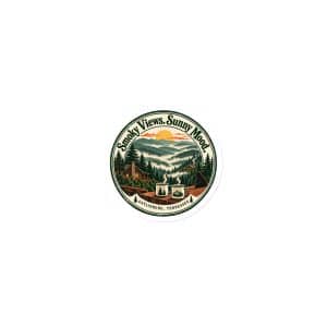 Gatlinburg and the Smokies Die-Cut Magnet: Smoky Views. Sunny Mood, Vintage Round Badge - 3″×3″ - Main