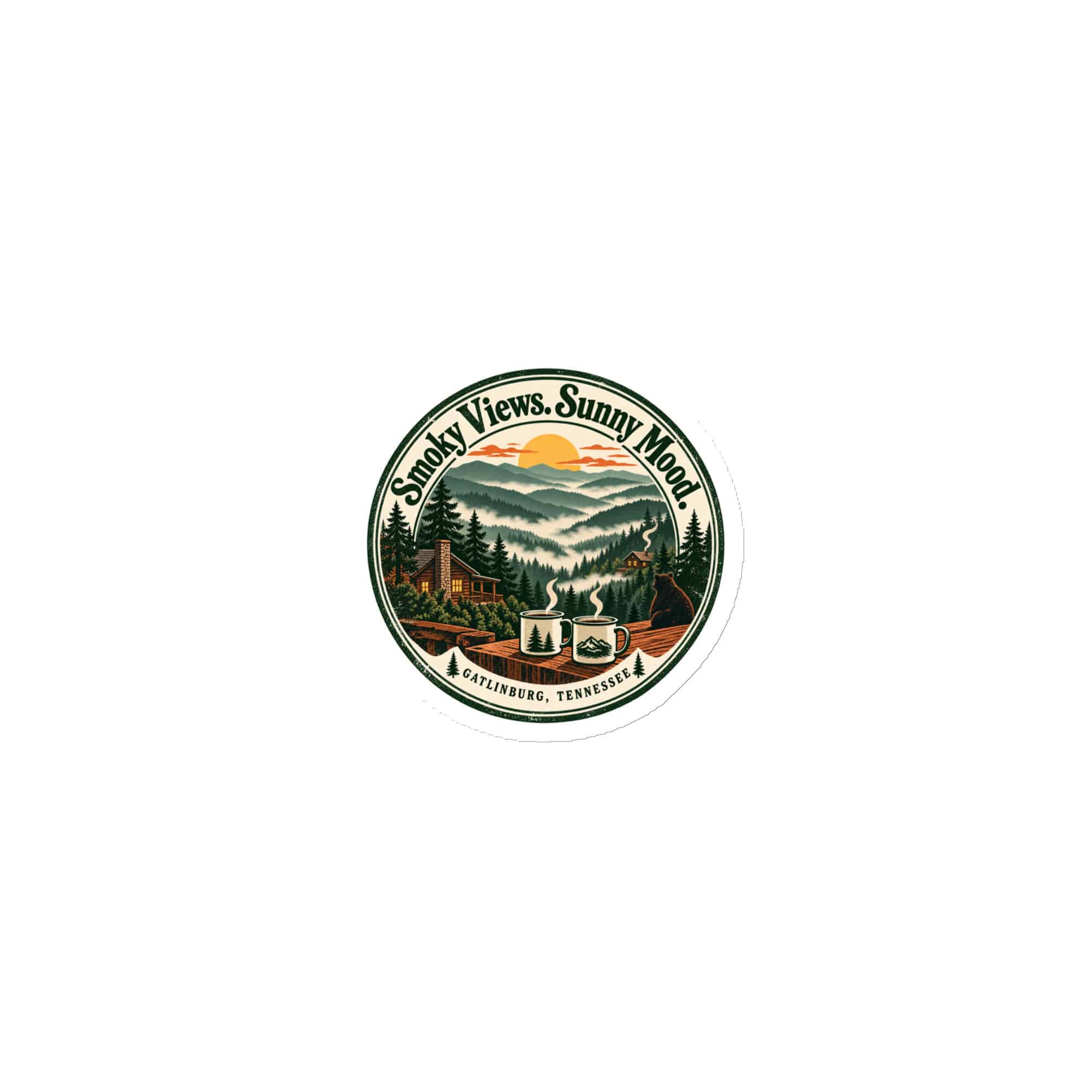 Gatlinburg and the Smokies Die-Cut Magnet: Smoky Views. Sunny Mood, Vintage Round Badge