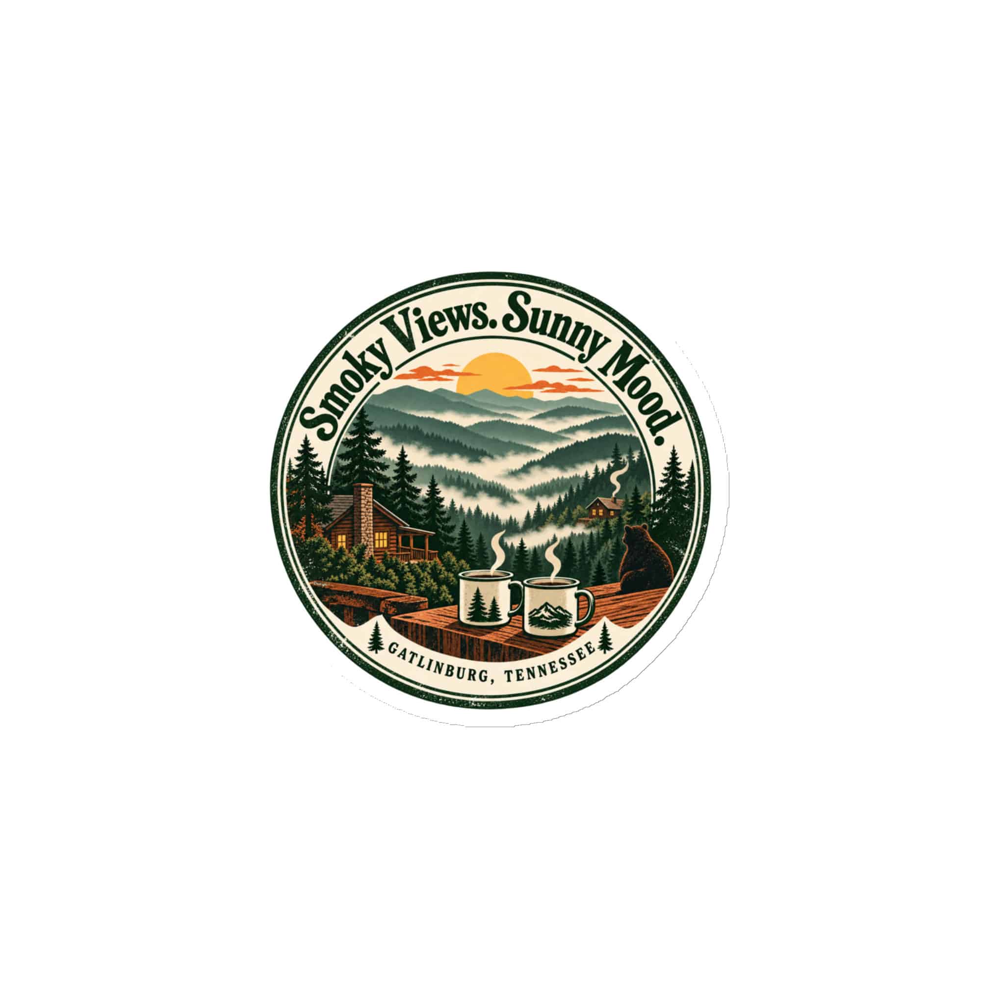 Gatlinburg and the Smokies Die-Cut Magnet: Smoky Views. Sunny Mood, Vintage Round Badge