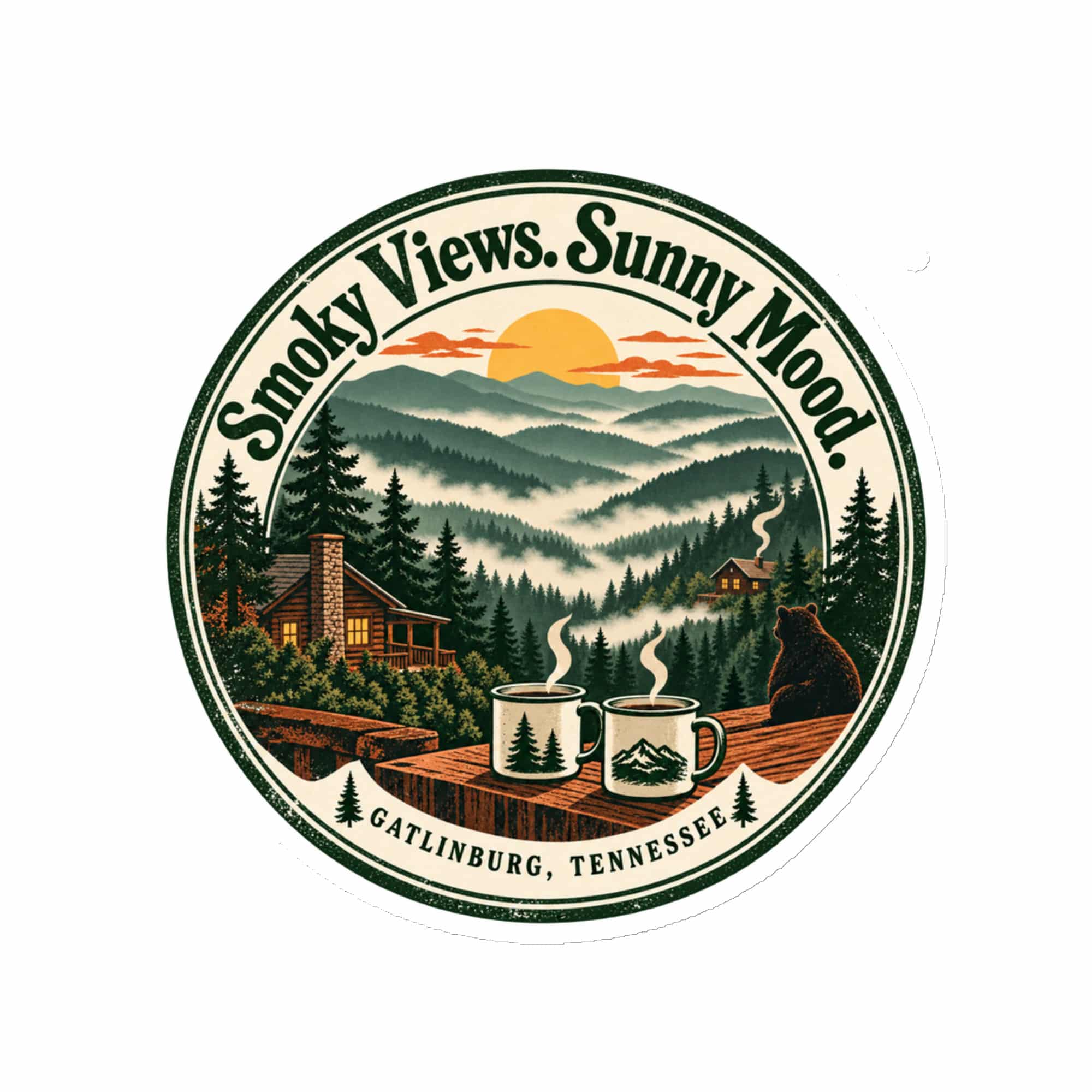 Gatlinburg and the Smokies Die-Cut Magnet: Smoky Views. Sunny Mood, Vintage Round Badge