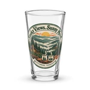 Gatlinburg and the Smokies Pint Glass: Smoky Views. Sunny Mood, Vintage Round Badge - 16 oz - Main