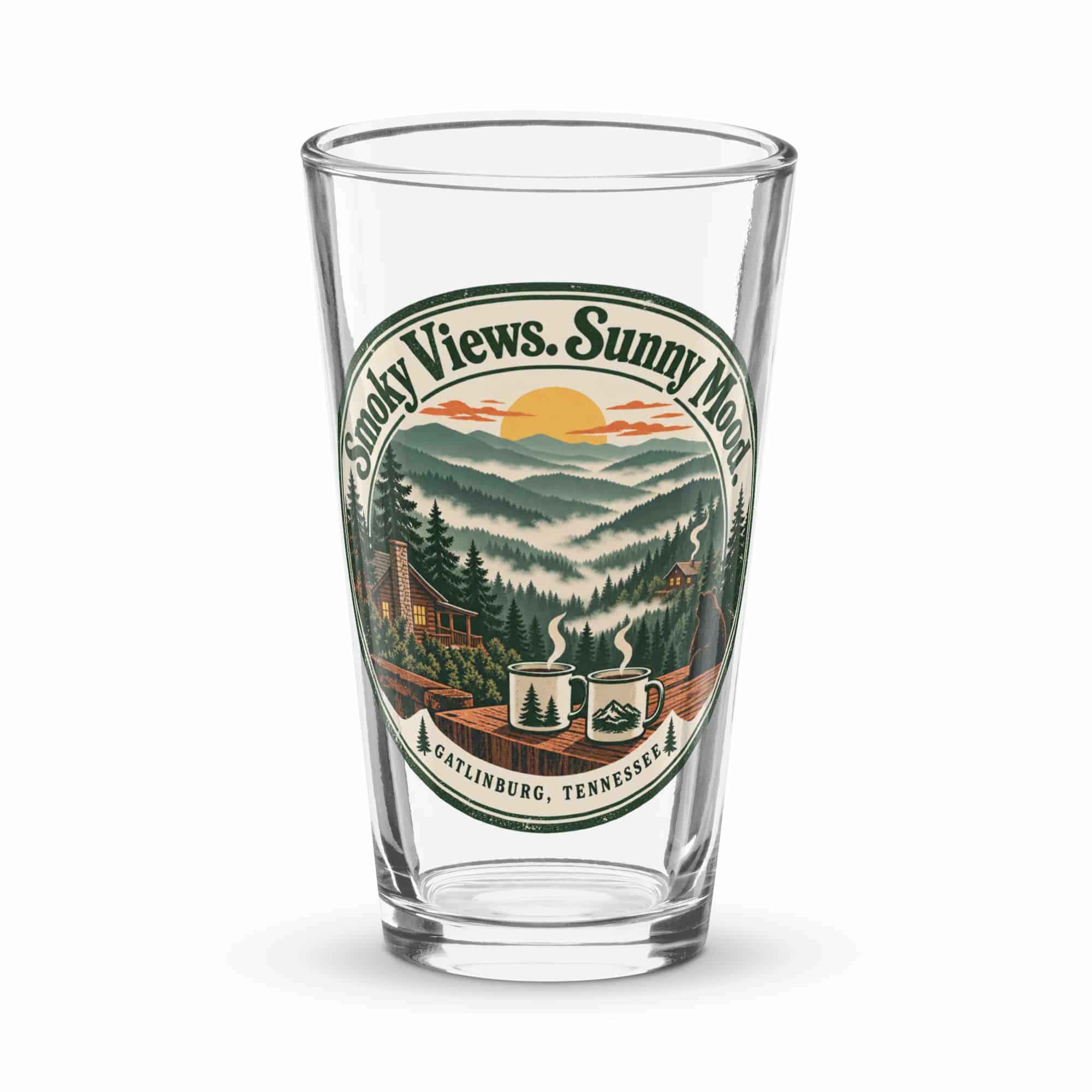 Gatlinburg and the Smokies Pint Glass: Smoky Views. Sunny Mood, Vintage Round Badge