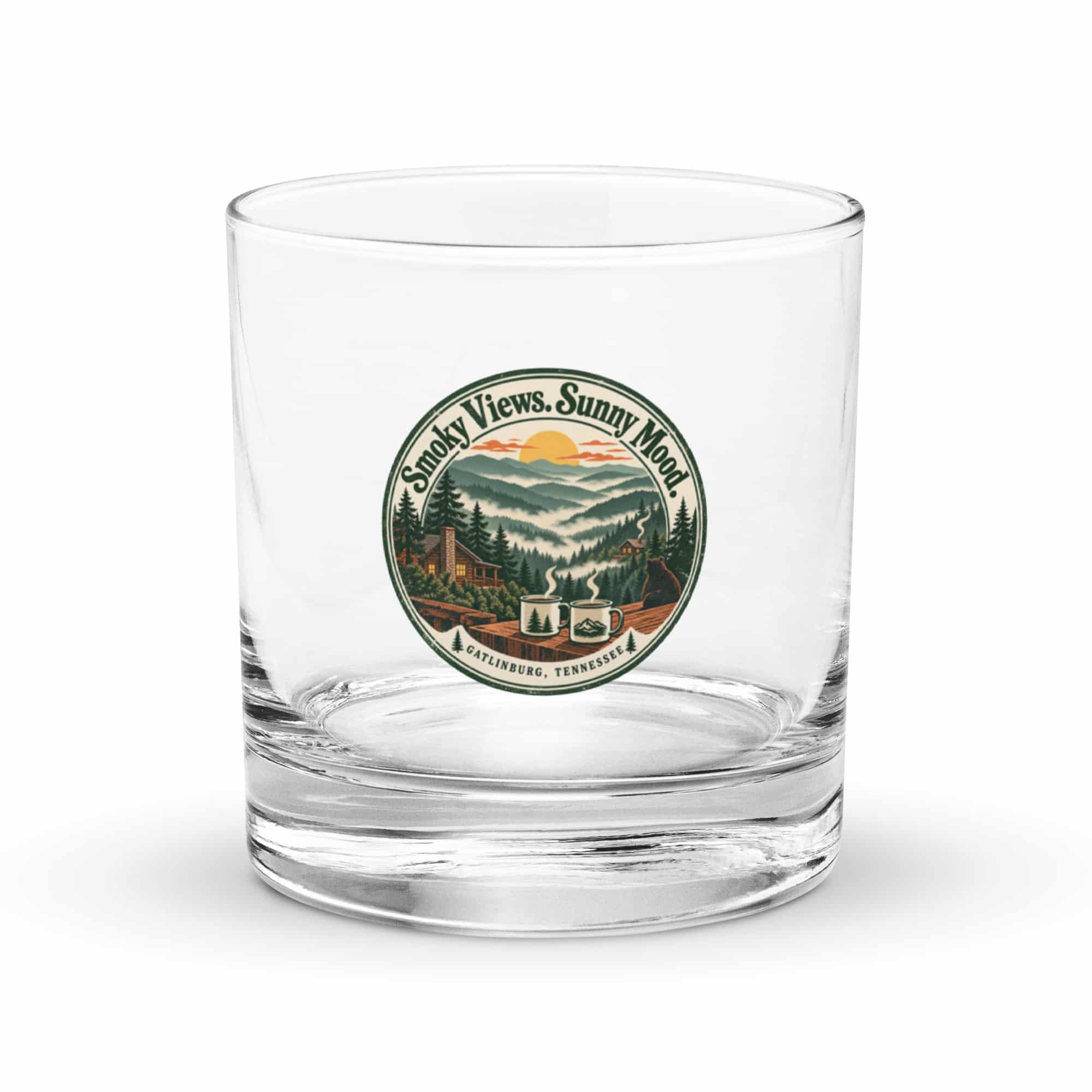 Gatlinburg and the Smokies Rocks Glass: Smoky Views. Sunny Mood, Vintage Round Badge