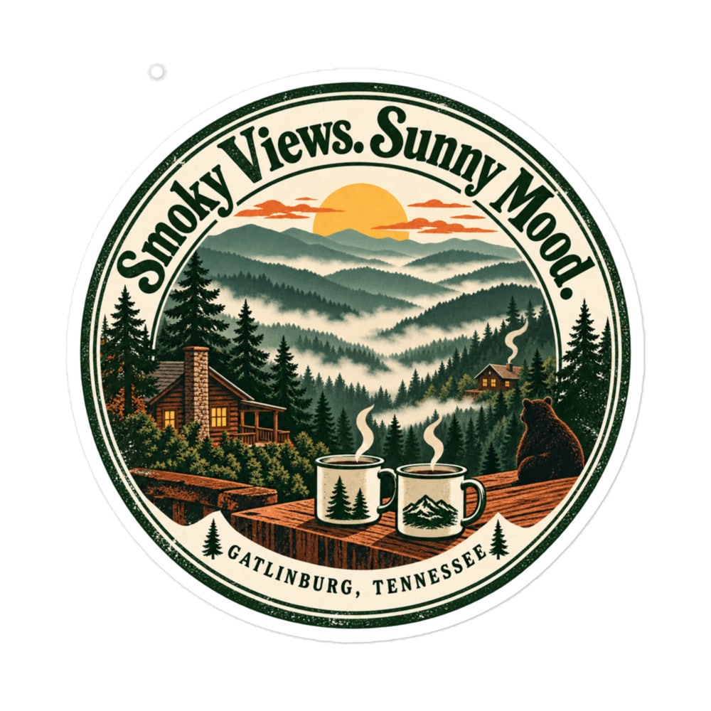 Gatlinburg and the Smokies Vinyl Sticker: Smoky Views. Sunny Mood, Vintage Round Badge
