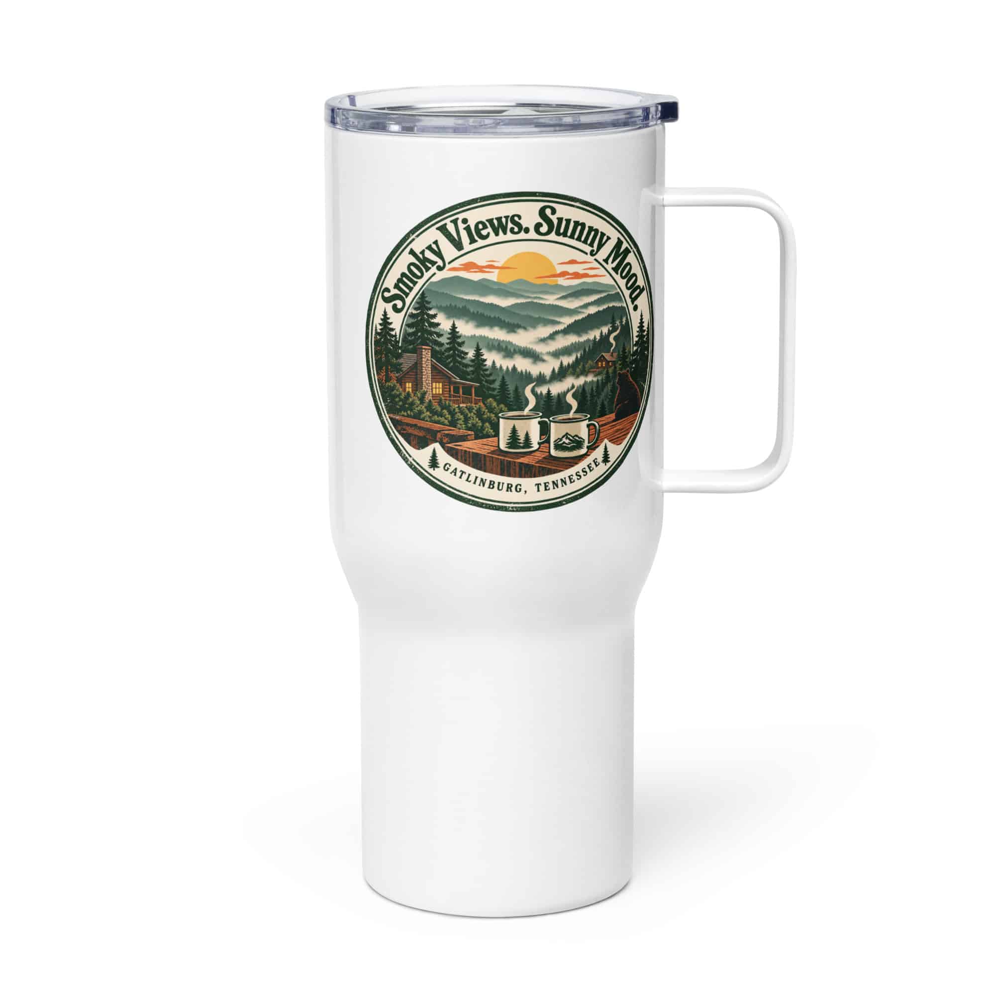 Gatlinburg and the Smokies Travel Mug: Smoky Views. Sunny Mood, Vintage Round Badge