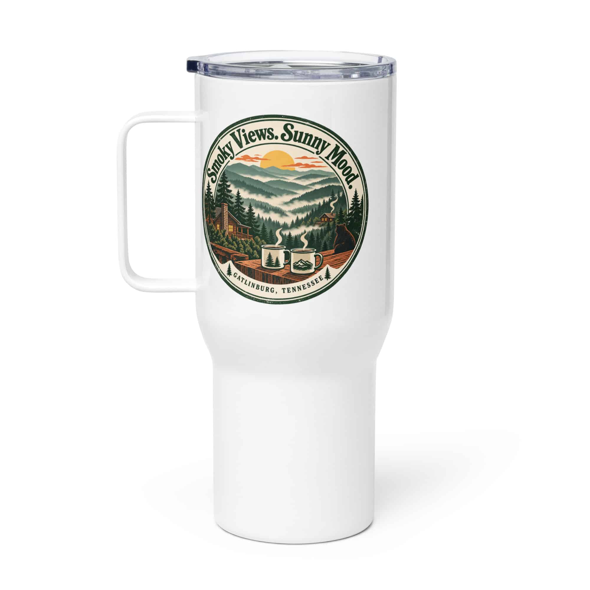 Gatlinburg and the Smokies Travel Mug: Smoky Views. Sunny Mood, Vintage Round Badge