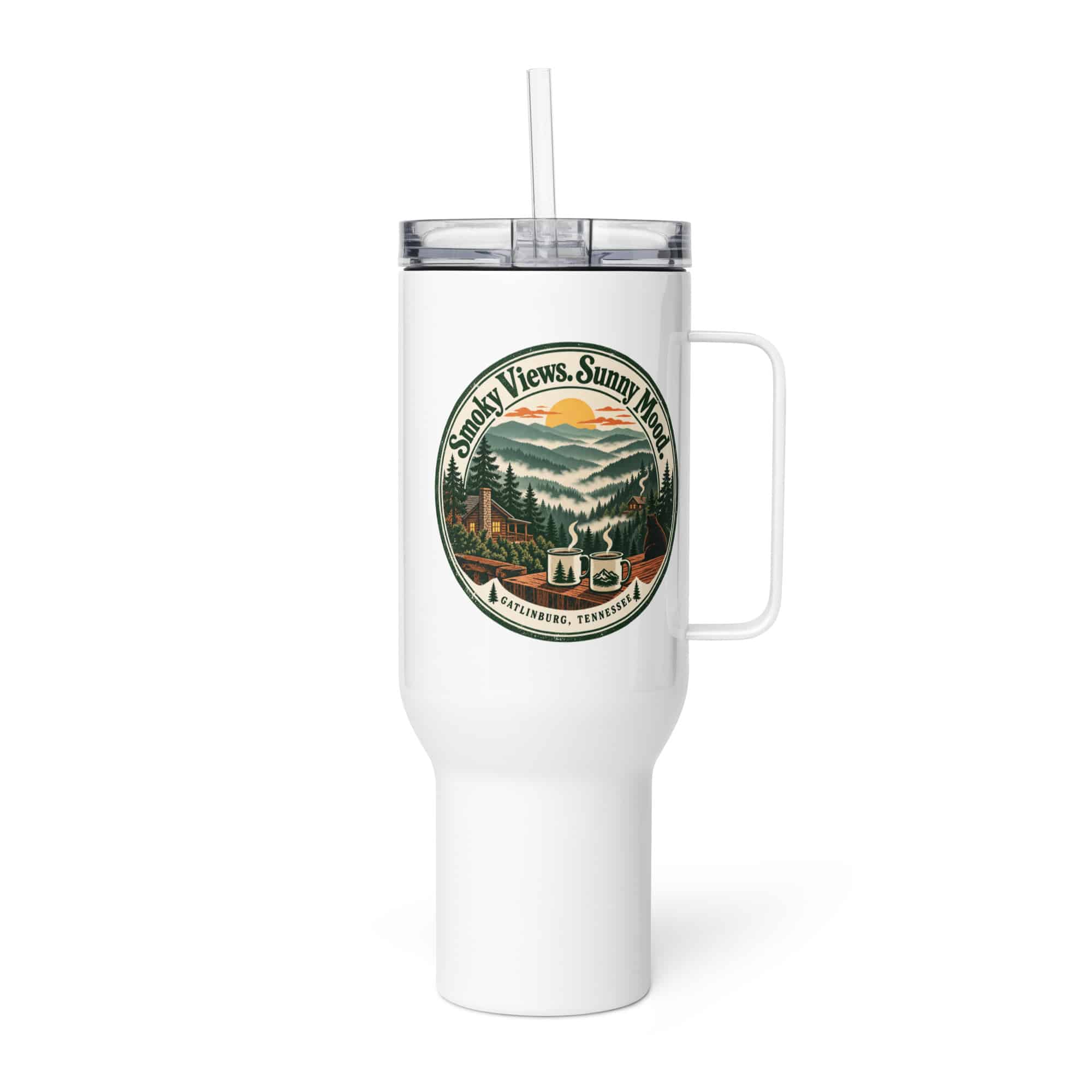 Gatlinburg and the Smokies Travel Mug: Smoky Views. Sunny Mood, Vintage Round Badge