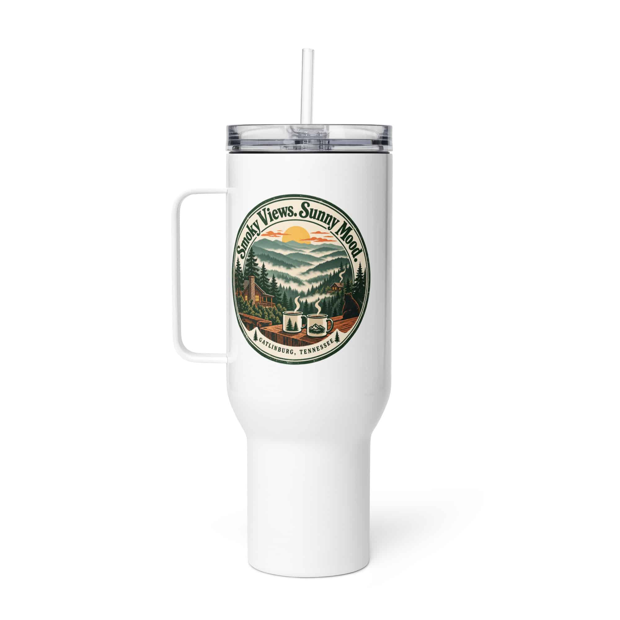Gatlinburg and the Smokies Travel Mug: Smoky Views. Sunny Mood, Vintage Round Badge