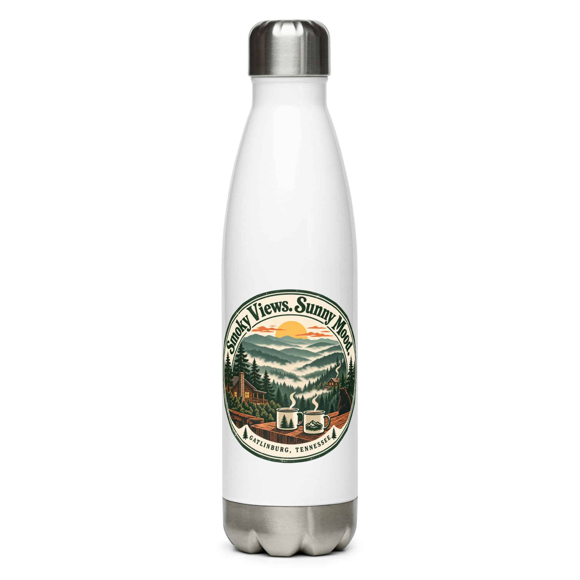 Gatlinburg and the Smokies Stainless Steel Water Bottle: Smoky Views. Sunny Mood, Vintage Round Badge