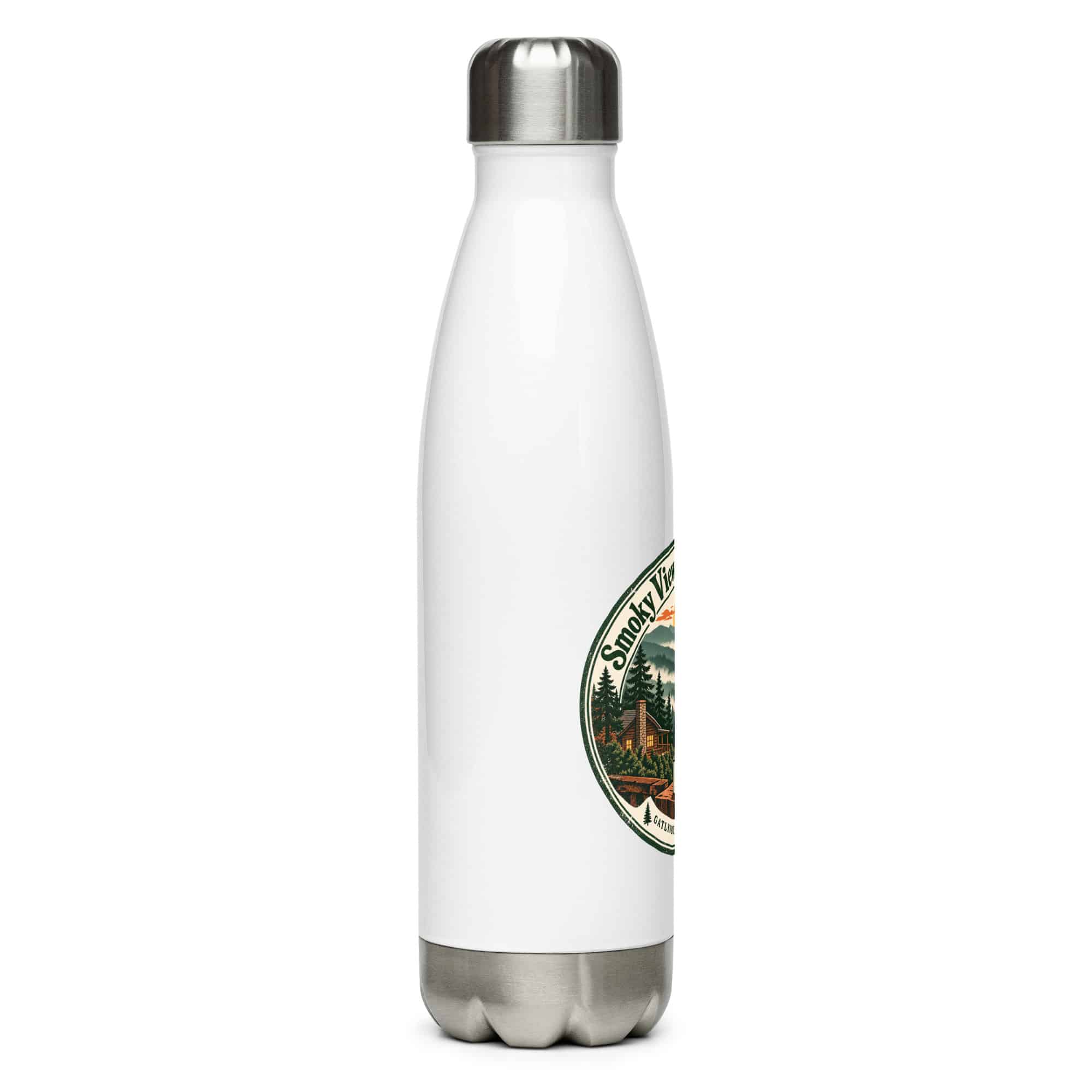 Gatlinburg and the Smokies Stainless Steel Water Bottle: Smoky Views. Sunny Mood, Vintage Round Badge