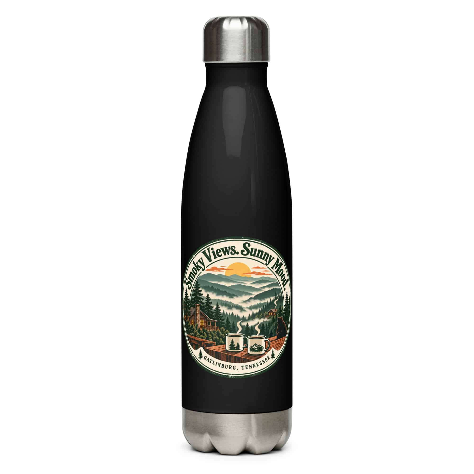 Gatlinburg and the Smokies Stainless Steel Water Bottle: Smoky Views. Sunny Mood, Vintage Round Badge