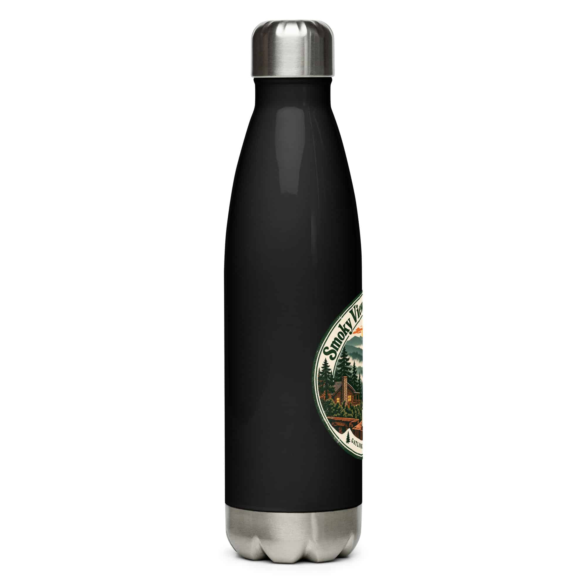 Gatlinburg and the Smokies Stainless Steel Water Bottle: Smoky Views. Sunny Mood, Vintage Round Badge