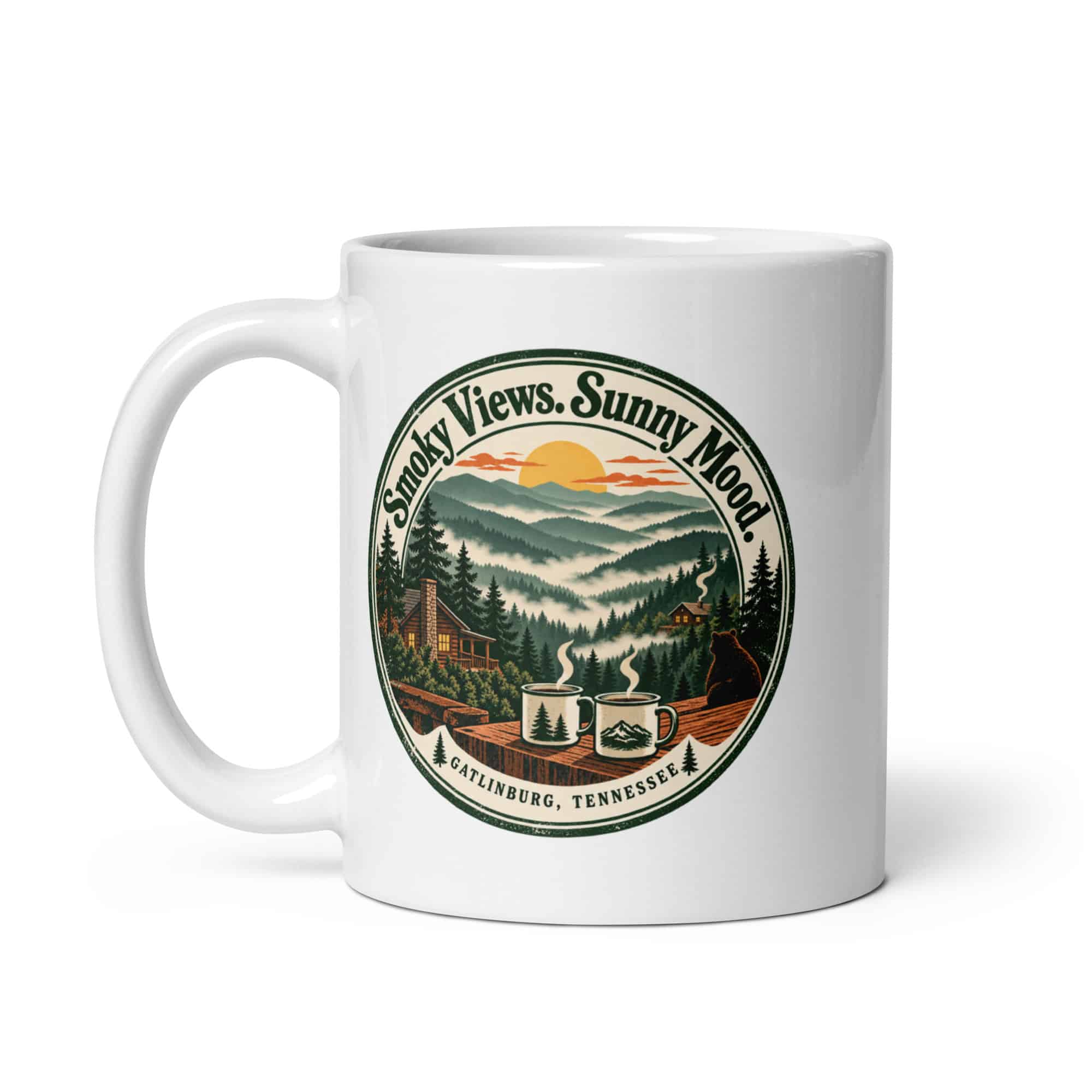 Gatlinburg and the Smokies White Ceramic Coffee Mug: Smoky Views. Sunny Mood, Vintage Round Badge