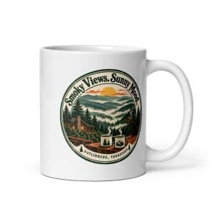 Gatlinburg and the Smokies White Ceramic Coffee Mug: Smoky Views. Sunny Mood, Vintage Round Badge - 11 oz - Main