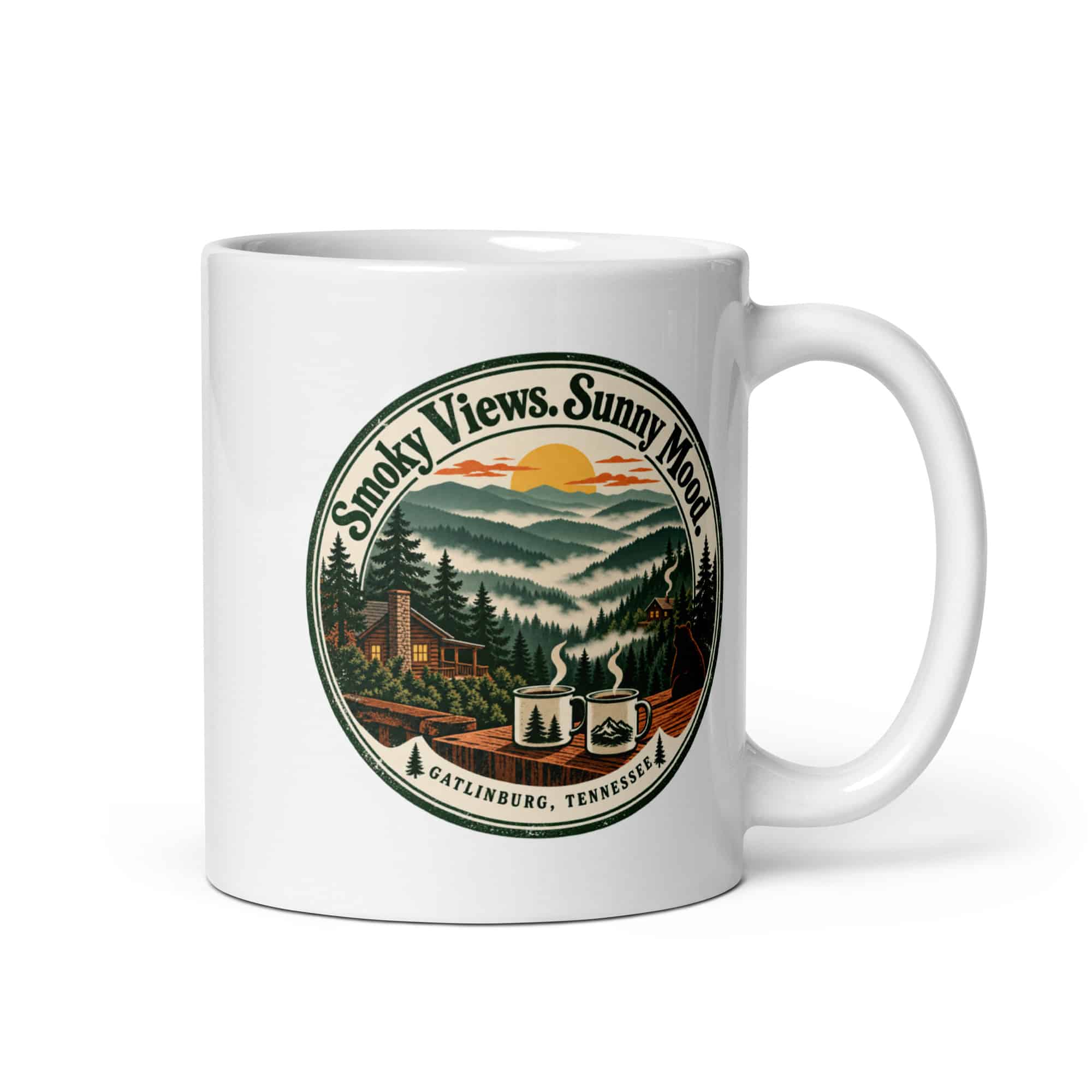 Gatlinburg and the Smokies White Ceramic Coffee Mug: Smoky Views. Sunny Mood, Vintage Round Badge