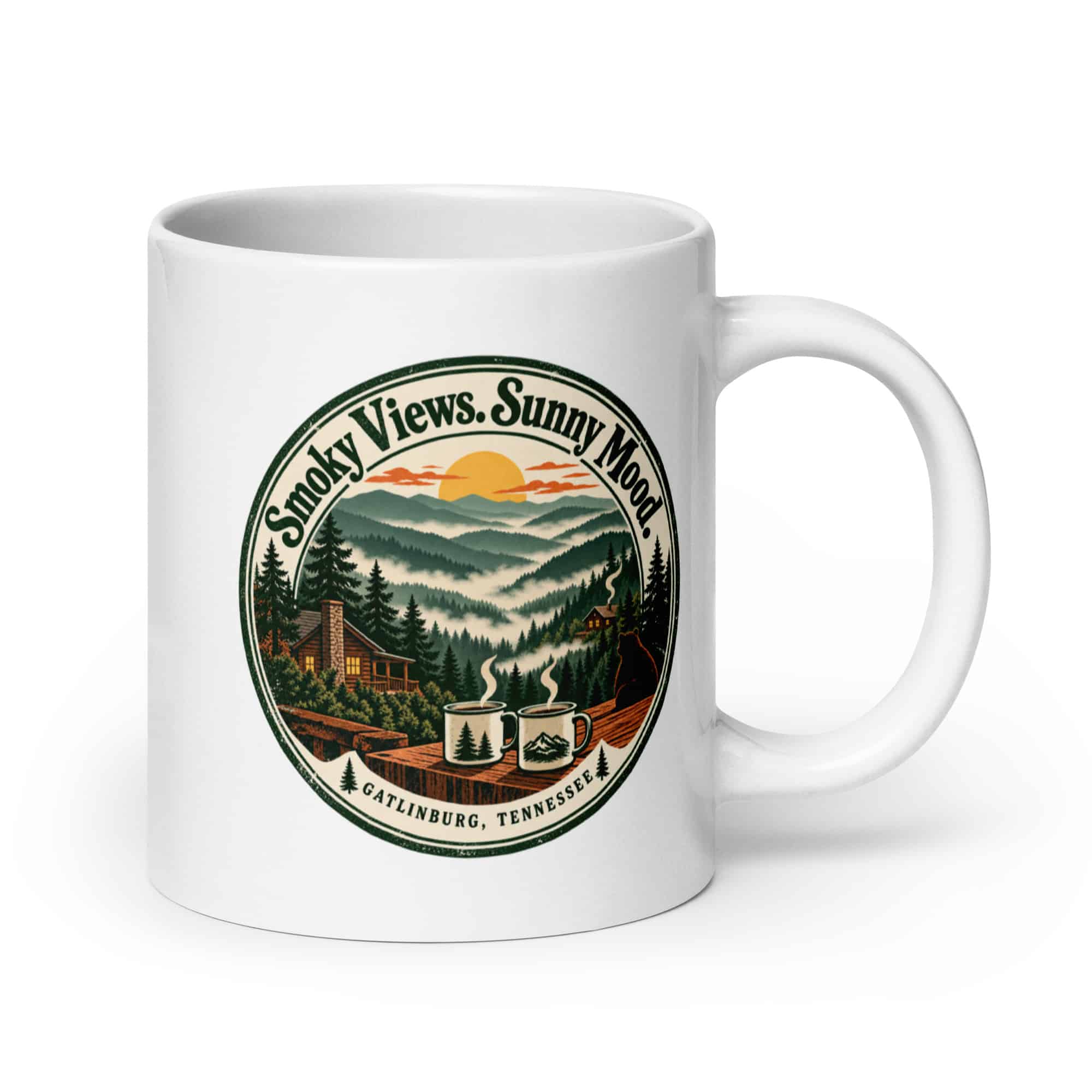 Gatlinburg and the Smokies White Ceramic Coffee Mug: Smoky Views. Sunny Mood, Vintage Round Badge