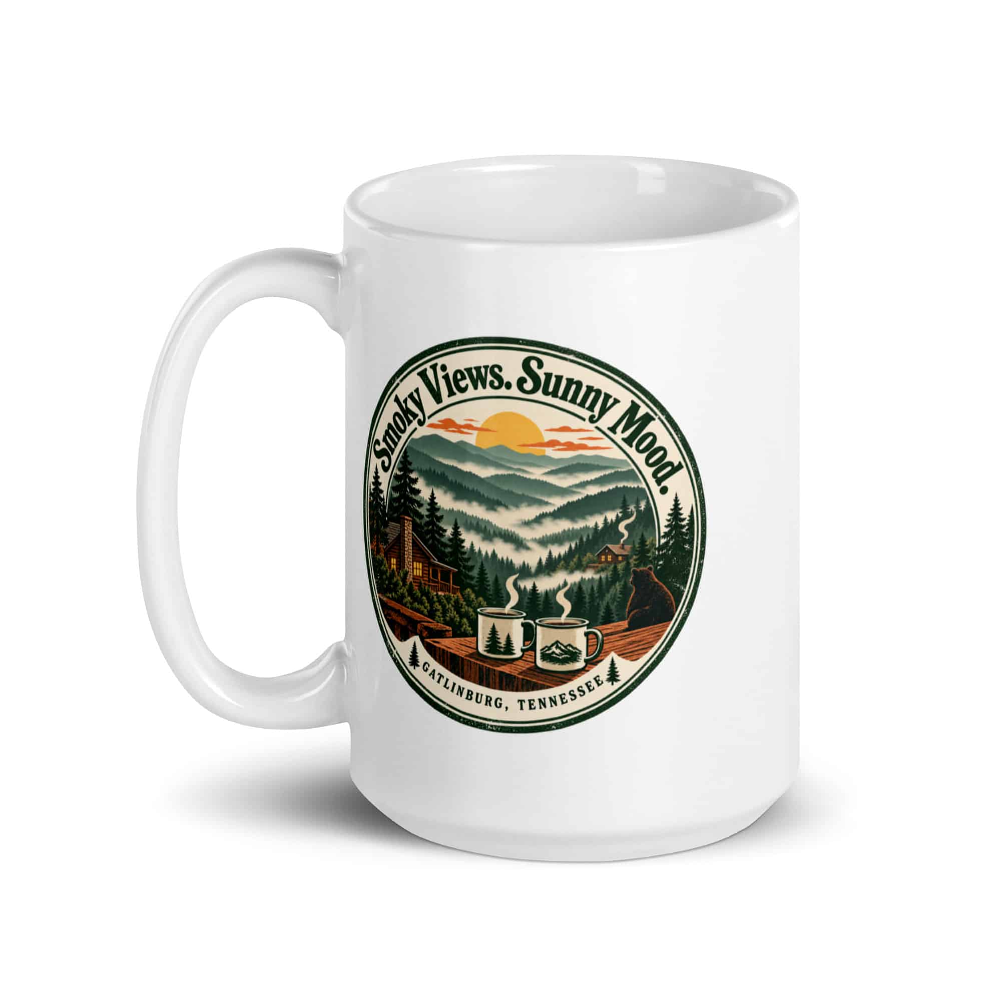 Gatlinburg and the Smokies White Ceramic Coffee Mug: Smoky Views. Sunny Mood, Vintage Round Badge