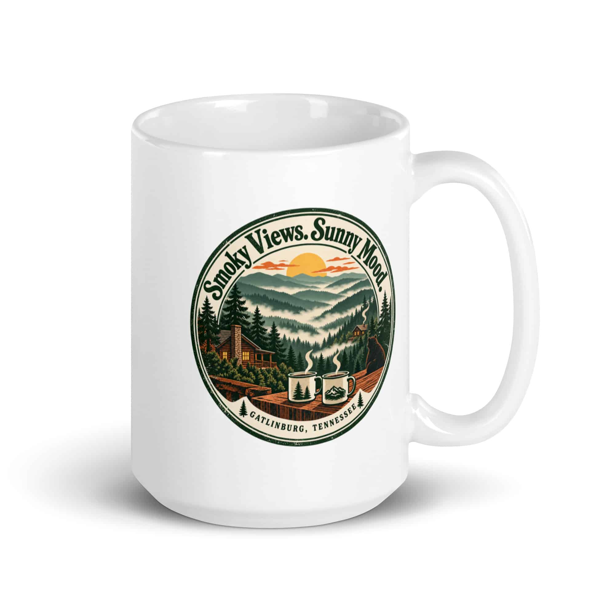 Gatlinburg and the Smokies White Ceramic Coffee Mug: Smoky Views. Sunny Mood, Vintage Round Badge