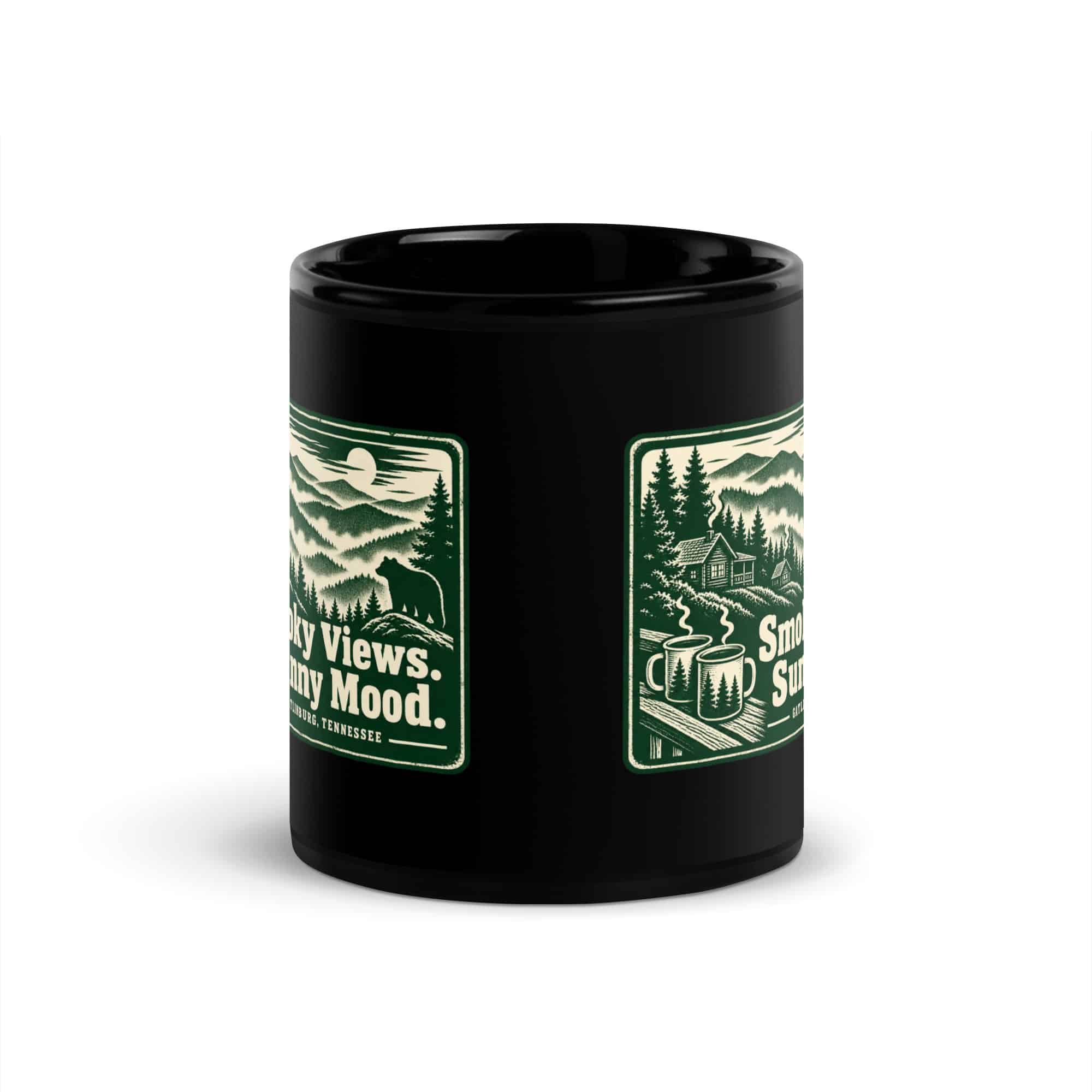 Gatlinburg and the Smokies Black Coffee Mug: Smoky Views. Sunny Mood, Forest Ink Stamp